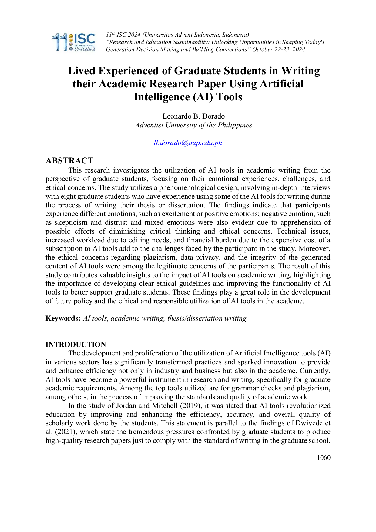 JURIS Lived Experienced of Graduate Students in Writing Their Academic Research Paper using Artificial Intelligence AI Tools