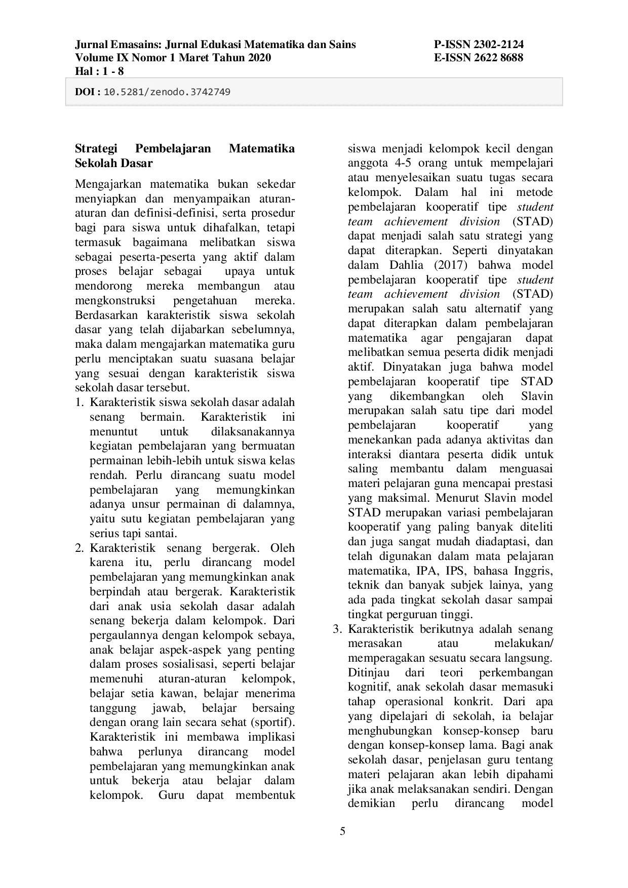 JURIS Mathematics Learning Strategies Based on Characteristics of Elementary School Students