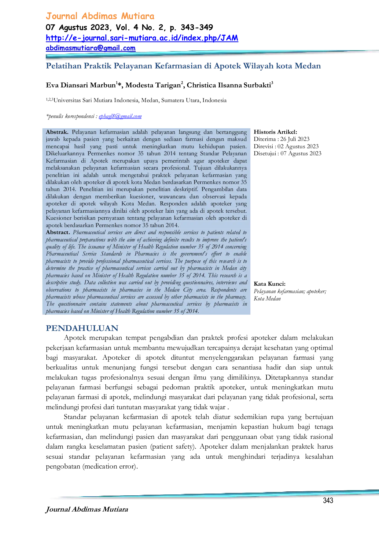 JURIS Pelatihan Praktik Pelayanan Kefarmasian di Apotek Wilayah kota Medan