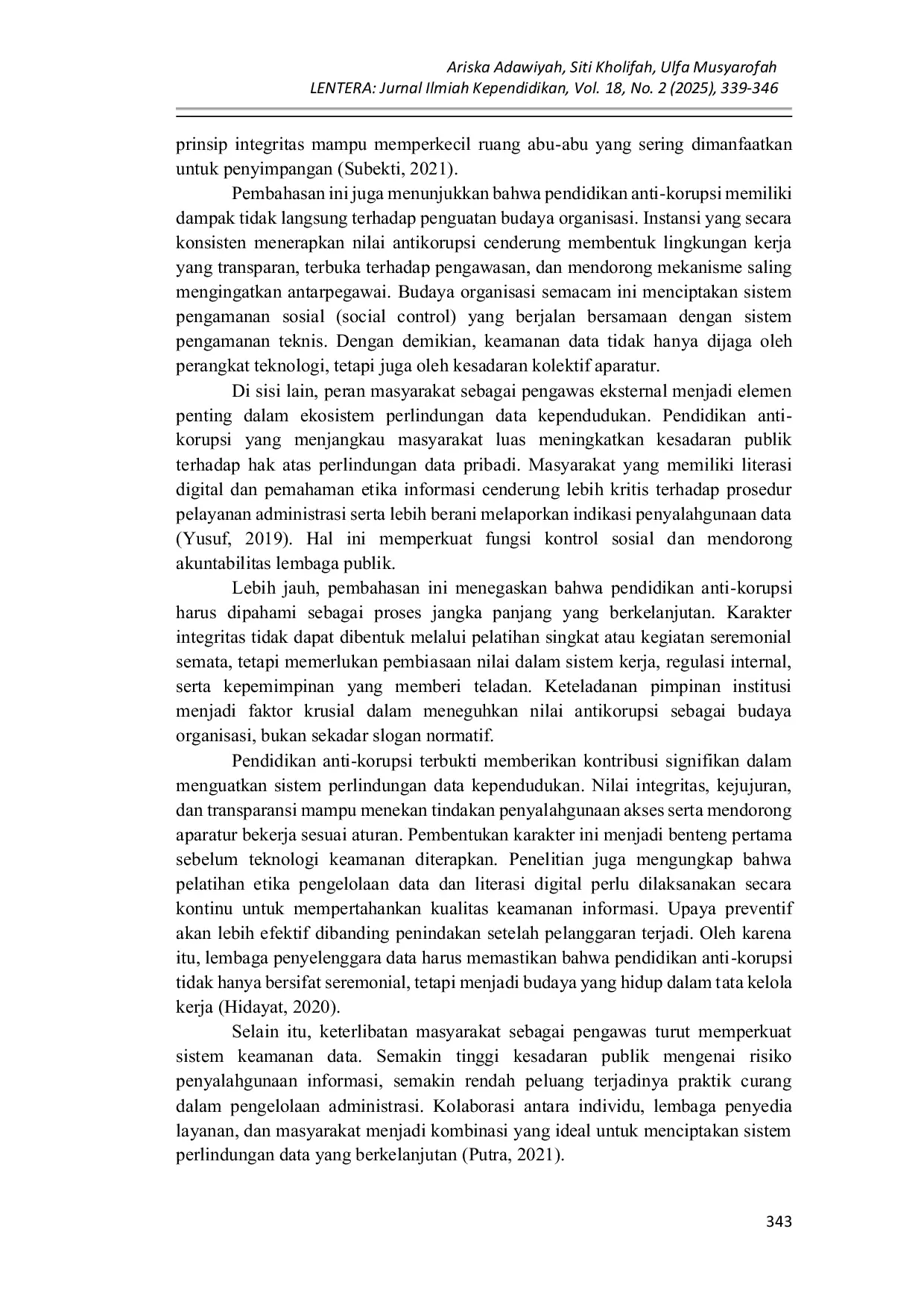 JURIS Implementasi Pendidikan Anti Korupsi dalam Menjaga Keamanan Data Kependudukan