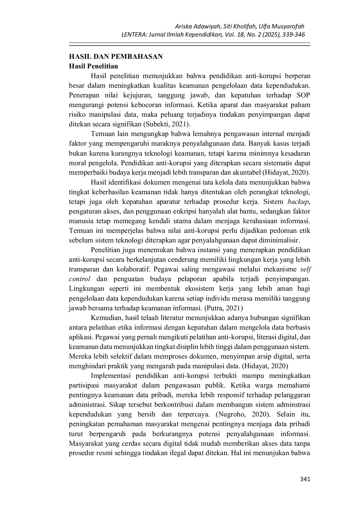 JURIS Implementasi Pendidikan Anti Korupsi dalam Menjaga Keamanan Data Kependudukan