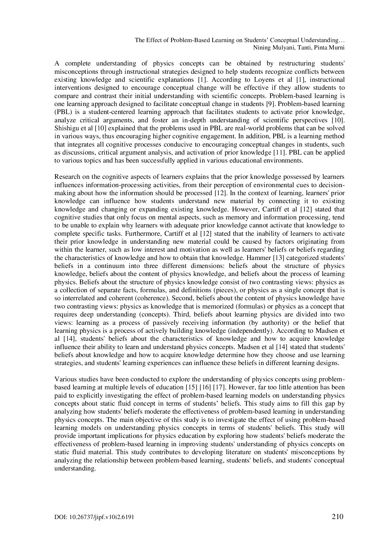 JURIS The Effect of Problem Based Learning on Students Conceptual Understanding Reviewed from Students Beliefs