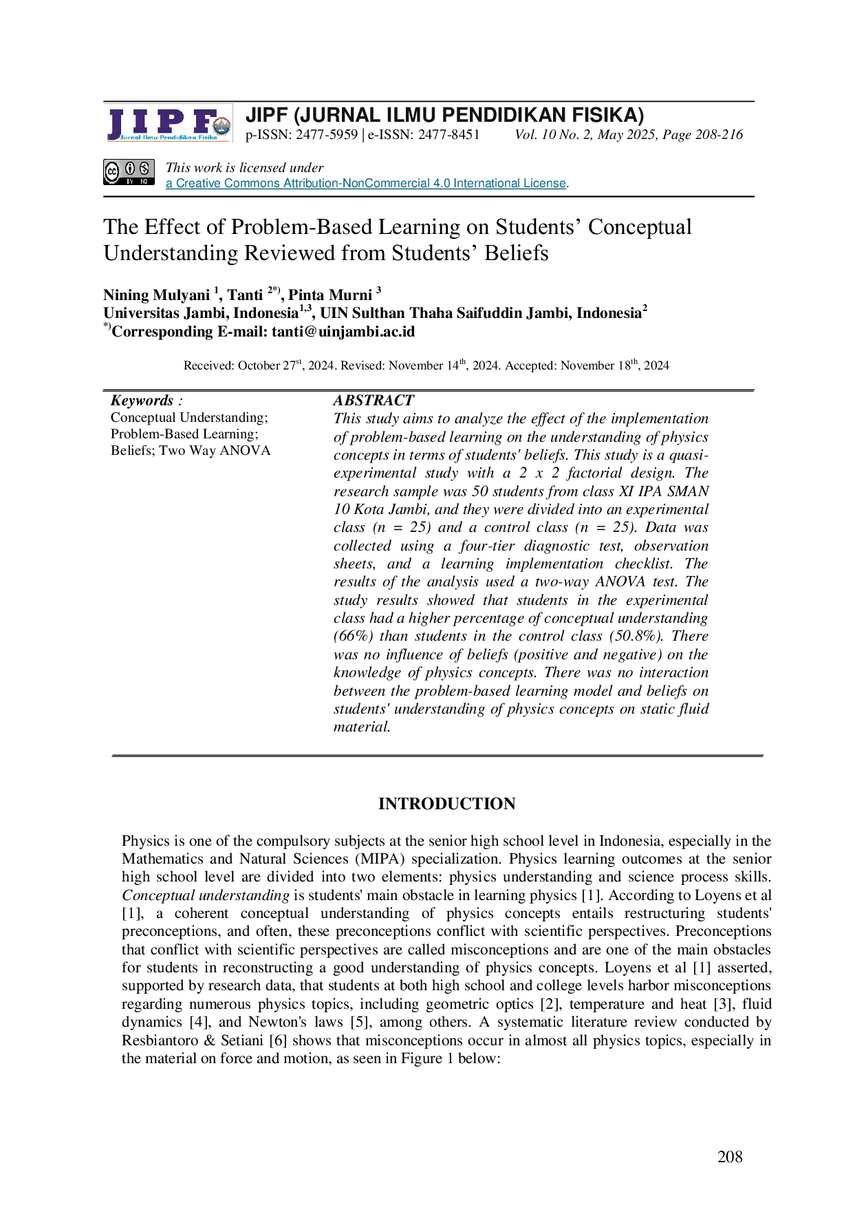 JURIS The Effect of Problem Based Learning on Students Conceptual Understanding Reviewed from Students Beliefs