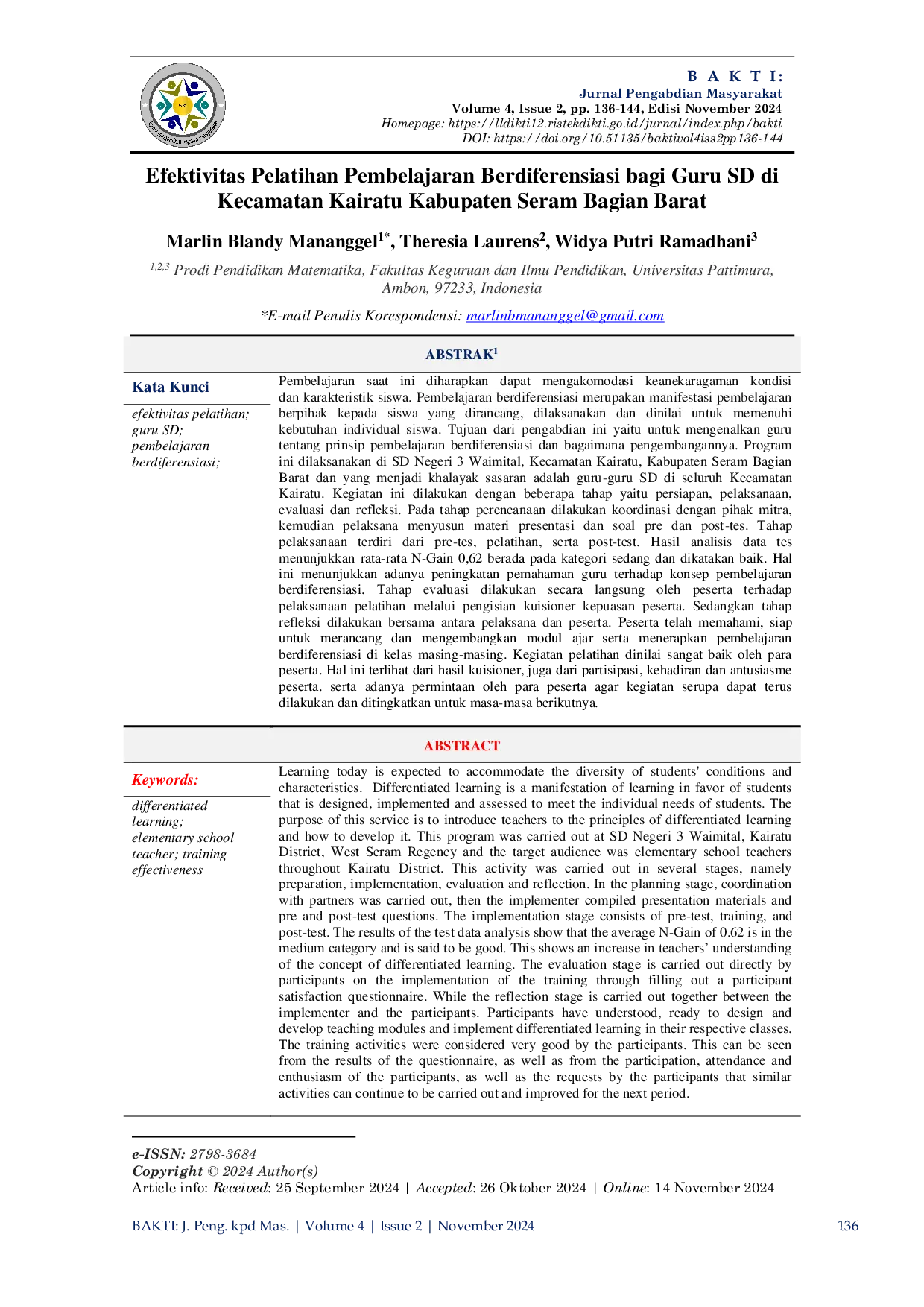 JURIS Efektivitas Pelatihan Pembelajaran Berdiferensiasi bagi Guru SD di Kecamatan Kairatu Kabupaten Seram Bagian Barat