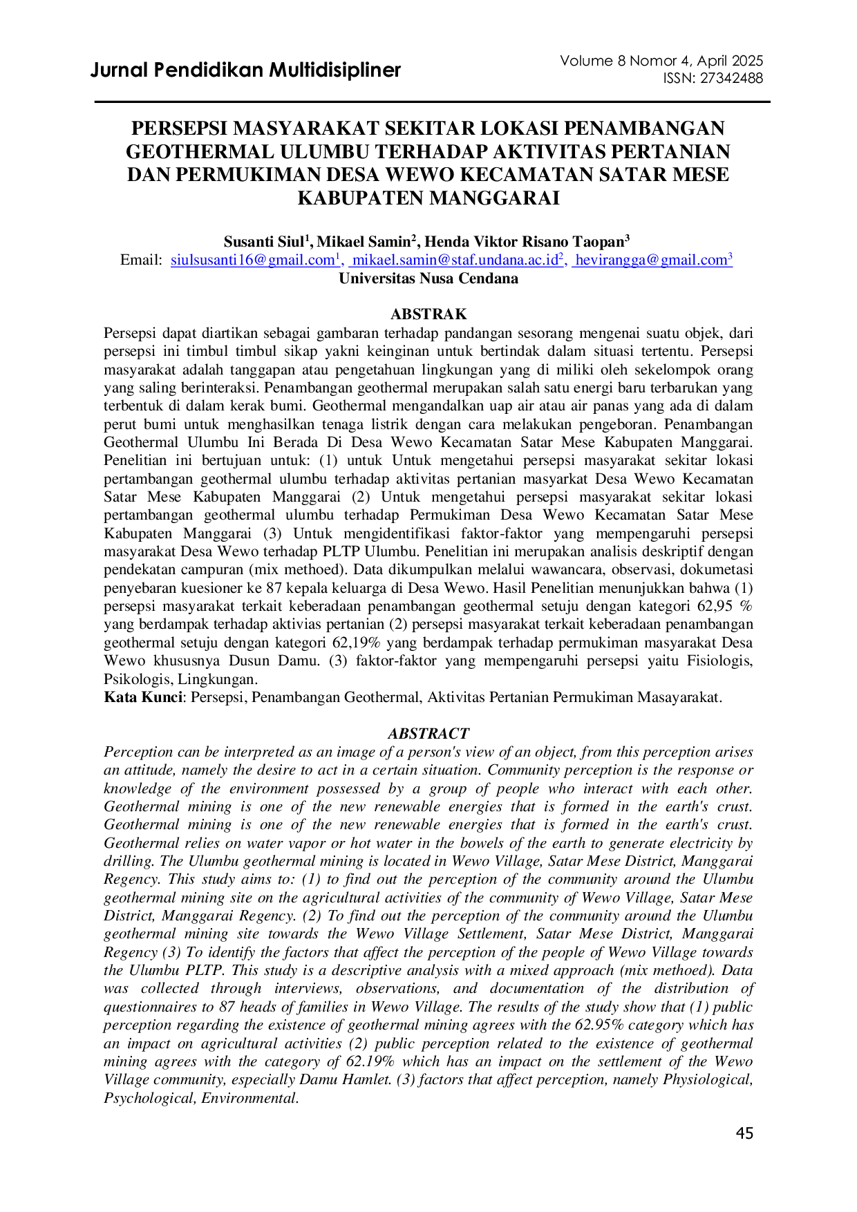JURIS Persepsi Masyarakat Sekitar Lokasi Penambangan Geothermal Ulumbu Terhadap Aktivitas Pertanian Dan Permukiman Desa Wewo Kecamatan Satar Mese Kabupaten Manggarai