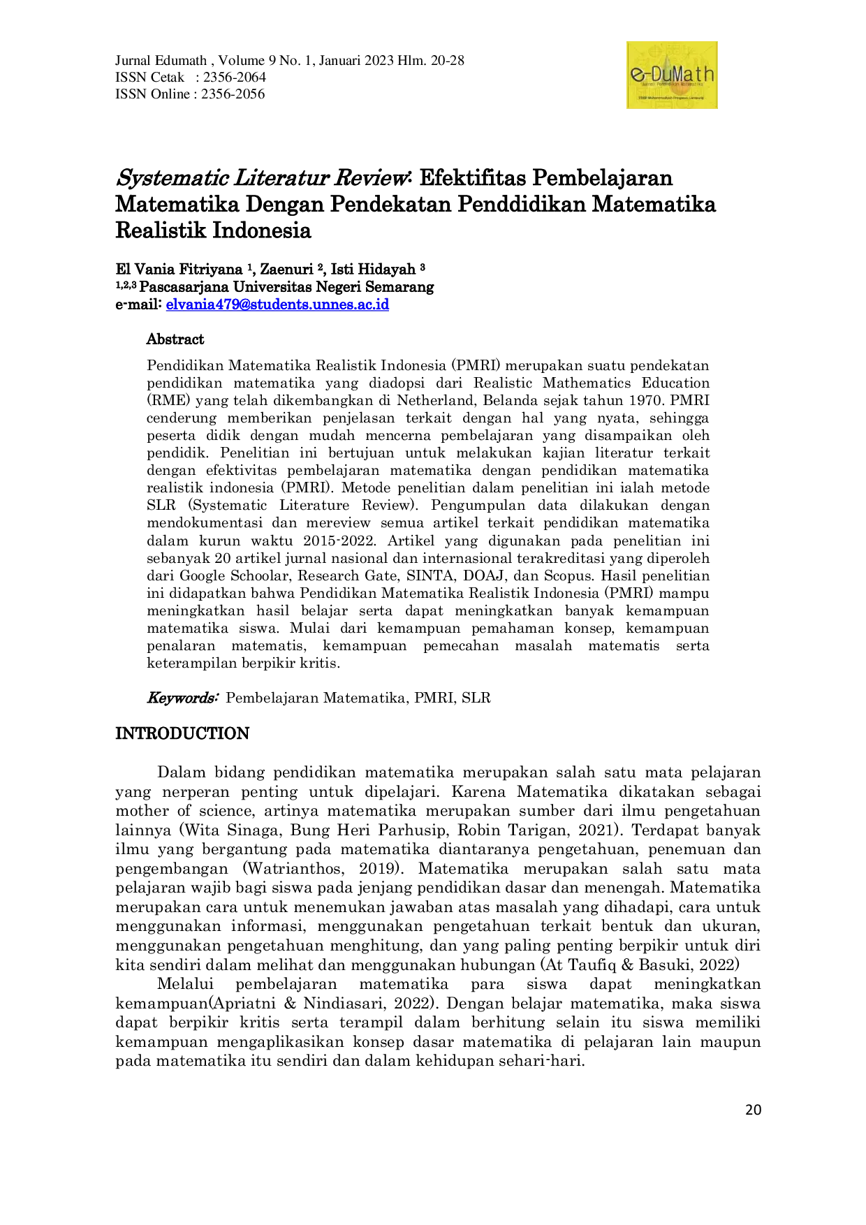 JURIS Systematic Literatur Review Efektifitas Pembelajaran Matematika Dengan Pendekatan Penddidikan Matematika Realistik Indonesia