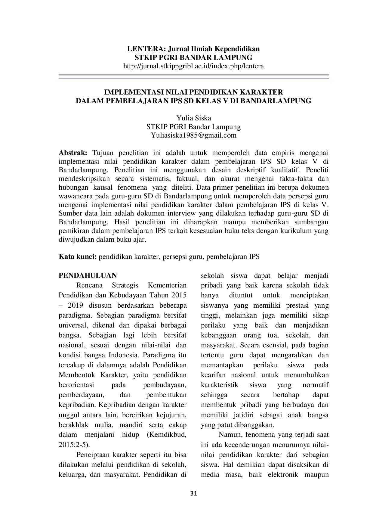 JURIS Implementasi Nilai Pendidikan Karakter Dalam Pembelajaran IPS SD Kelas V Di Bandar Lampung