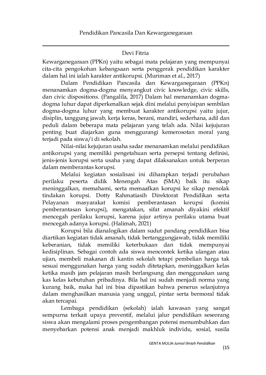 JURIS Pendidikan Pancasila dan Kewarganegaraan Sebagai Sikap Nilai Nilai Anti Korupsi