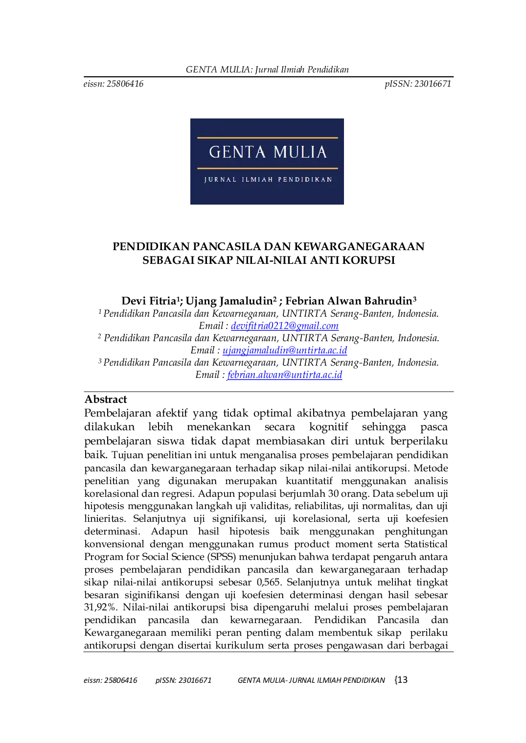 JURIS Pendidikan Pancasila dan Kewarganegaraan Sebagai Sikap Nilai Nilai Anti Korupsi