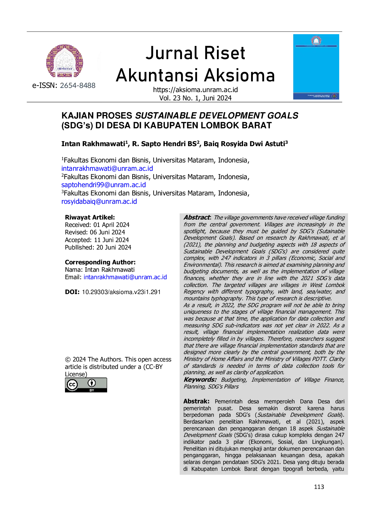JURIS A STUDY OF SUSTAINABLE DEVELOPMENT GOALS SDG s PROCESS IN VILLAGES IN WEST LOMBOK DISTRICT