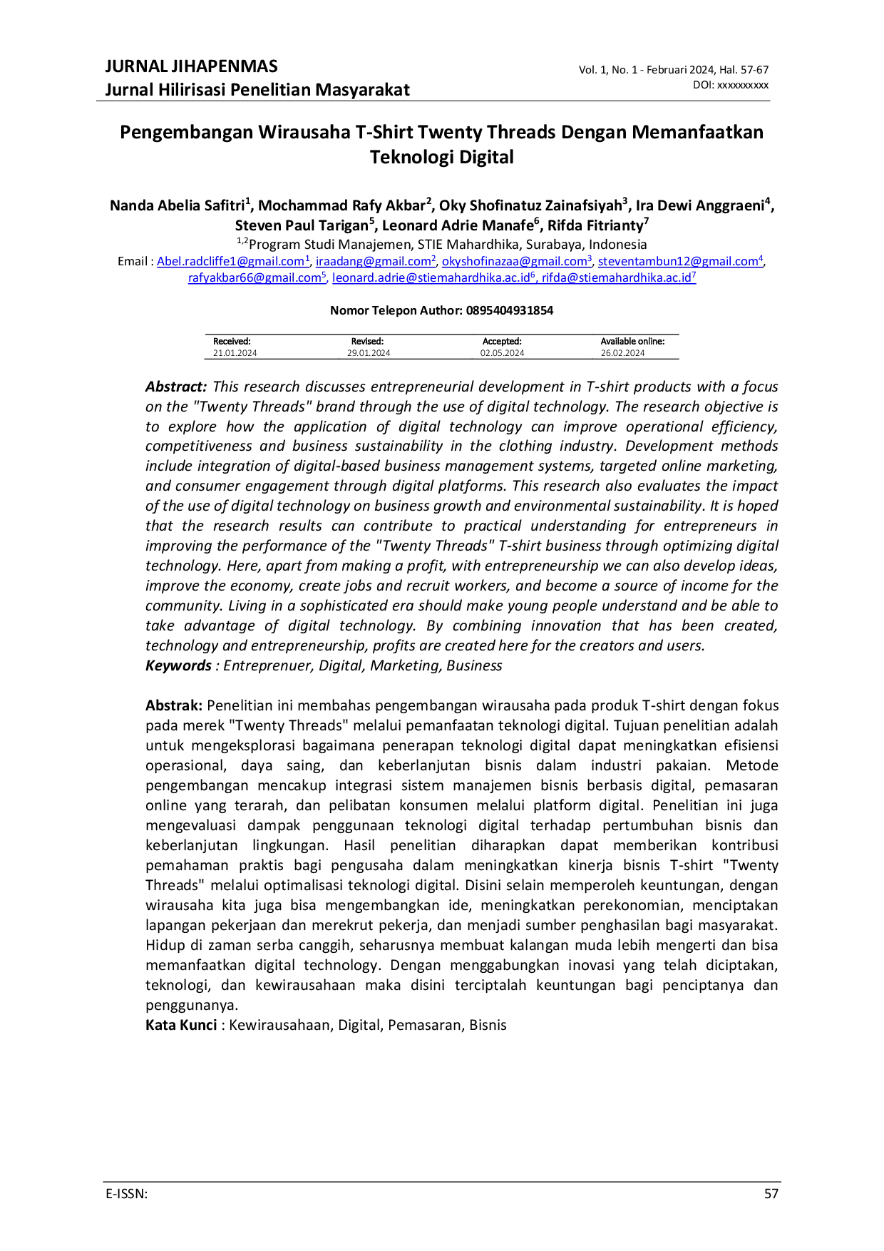 JURIS Pengembangan Wirausaha T Shirt Twenty Threads Dengan Memanfaatkan Teknologi Digital