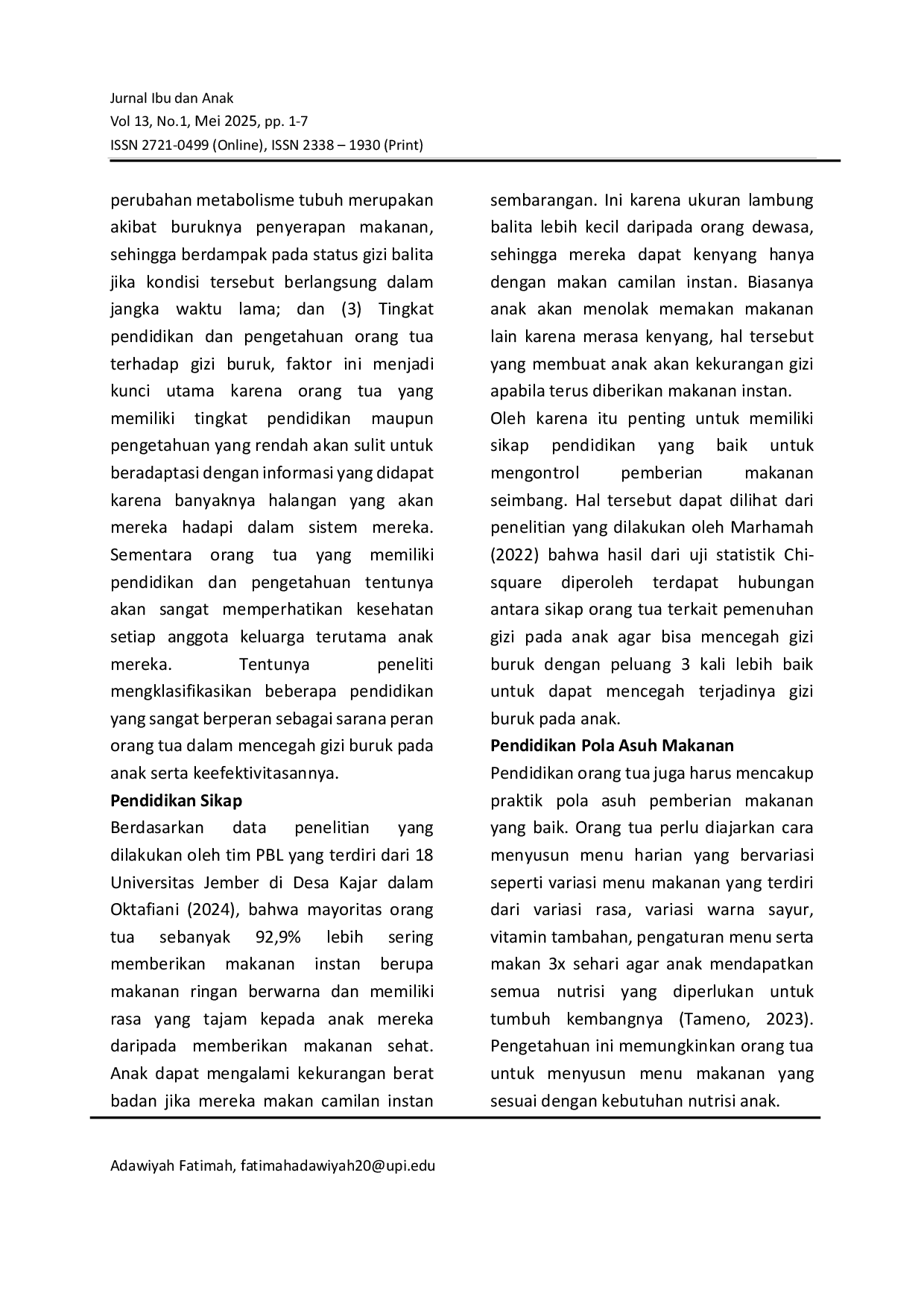 JURIS Peran Pendidikan Orang Tua Dalam Pencegahan Gizi Buruk Pada Anak