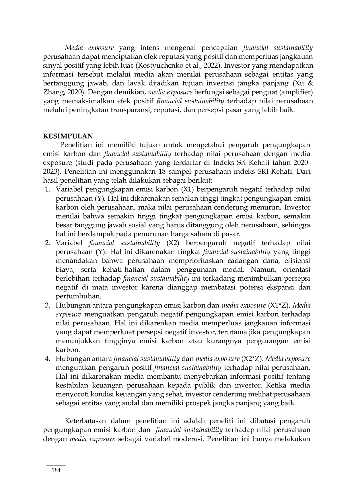 JURIS Pengaruh Pengungkapan Emisi Karbon dan Financial Sustainability Terhadap Nilai Perusahaan Dengan Media Exposure Sebagai Variabel Moderasi