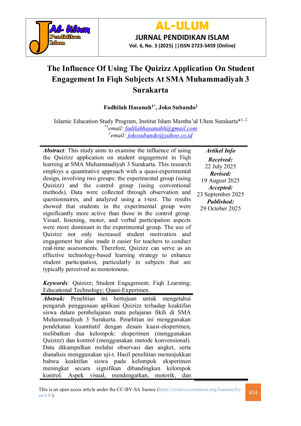 JURIS The Influence Of Using The Quizizz Application On Student Engagement In Fiqh Subjects At SMA Muhammadiyah 3 Surakarta