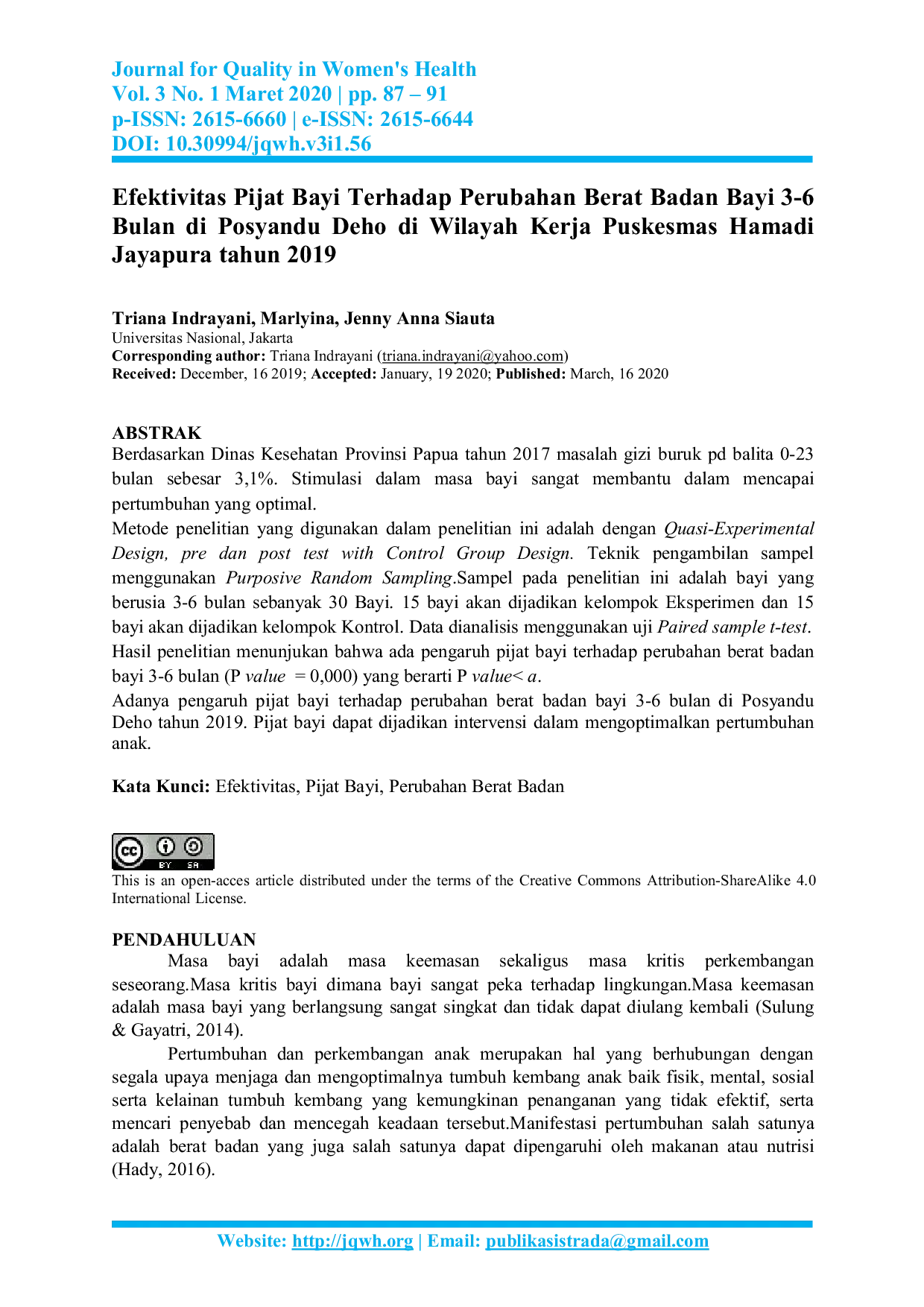 JURIS Efektivitas Pijat Bayi Terhadap Perubahan Berat Badan Bayi 3 6 Bulan di Posyandu Deho di Wilayah Kerja Puskesmas Hamadi Jayapura tahun 2019