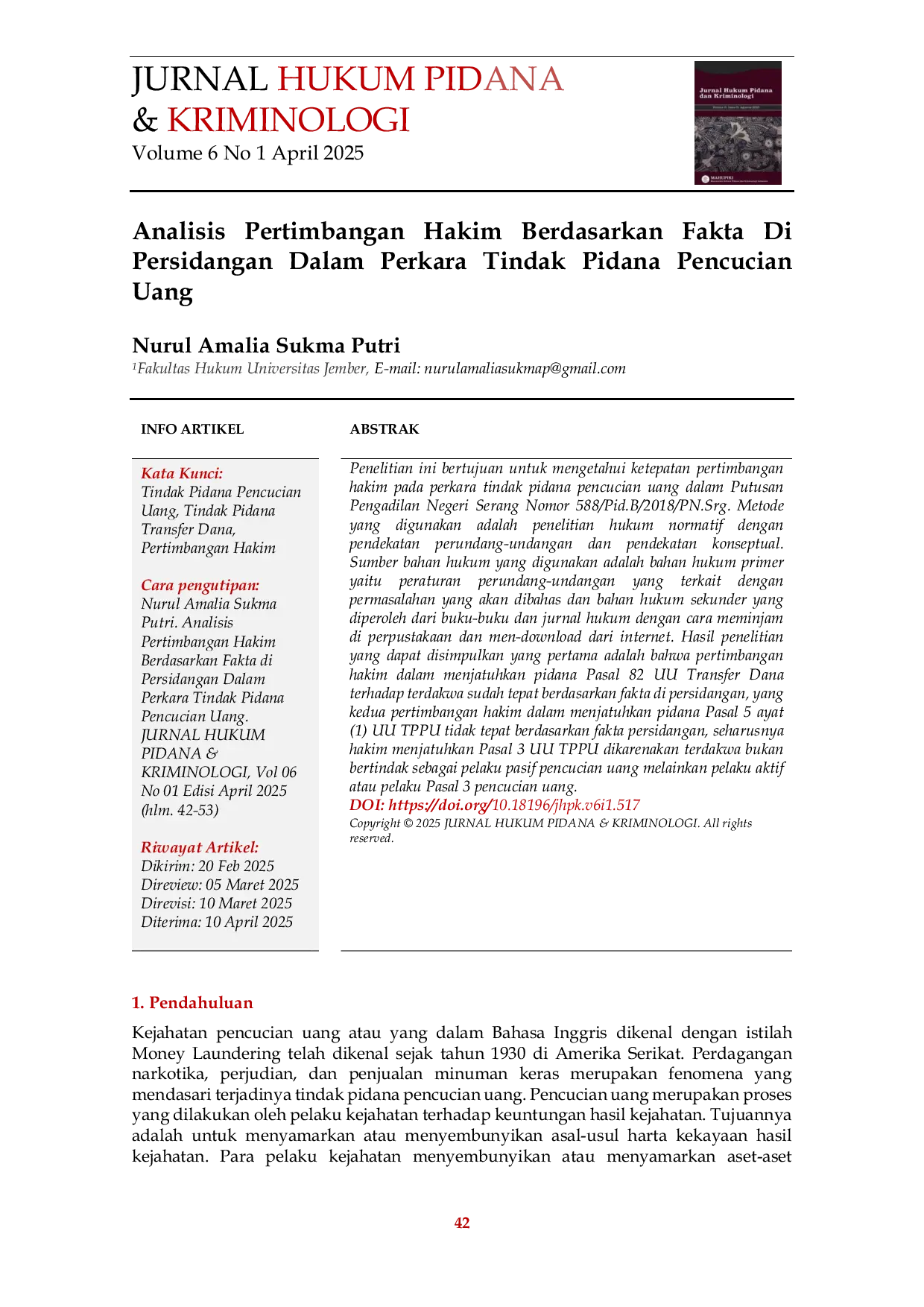 JURIS Analisis Pertimbangan Hakim Berdasarkan Fakta Di Persidangan Dalam Perkara Tindak Pidana Pencucian Uang