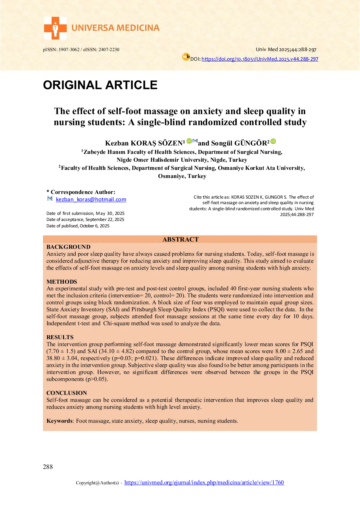 JURIS The effect of self foot massage on anxiety and sleep quality in nursing students A single blind randomized controlled study