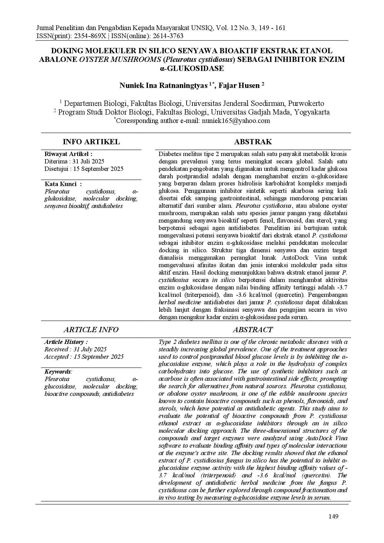juris DOKING MOLEKULER IN SILICO SENYAWA BIOAKTIF EKSTRAK ETANOL ABALONE OYSTER MUSHROOMS Pleurotus cystidiosus SEBAGAI INHIBITOR ENZIM GLUKOSIDASE