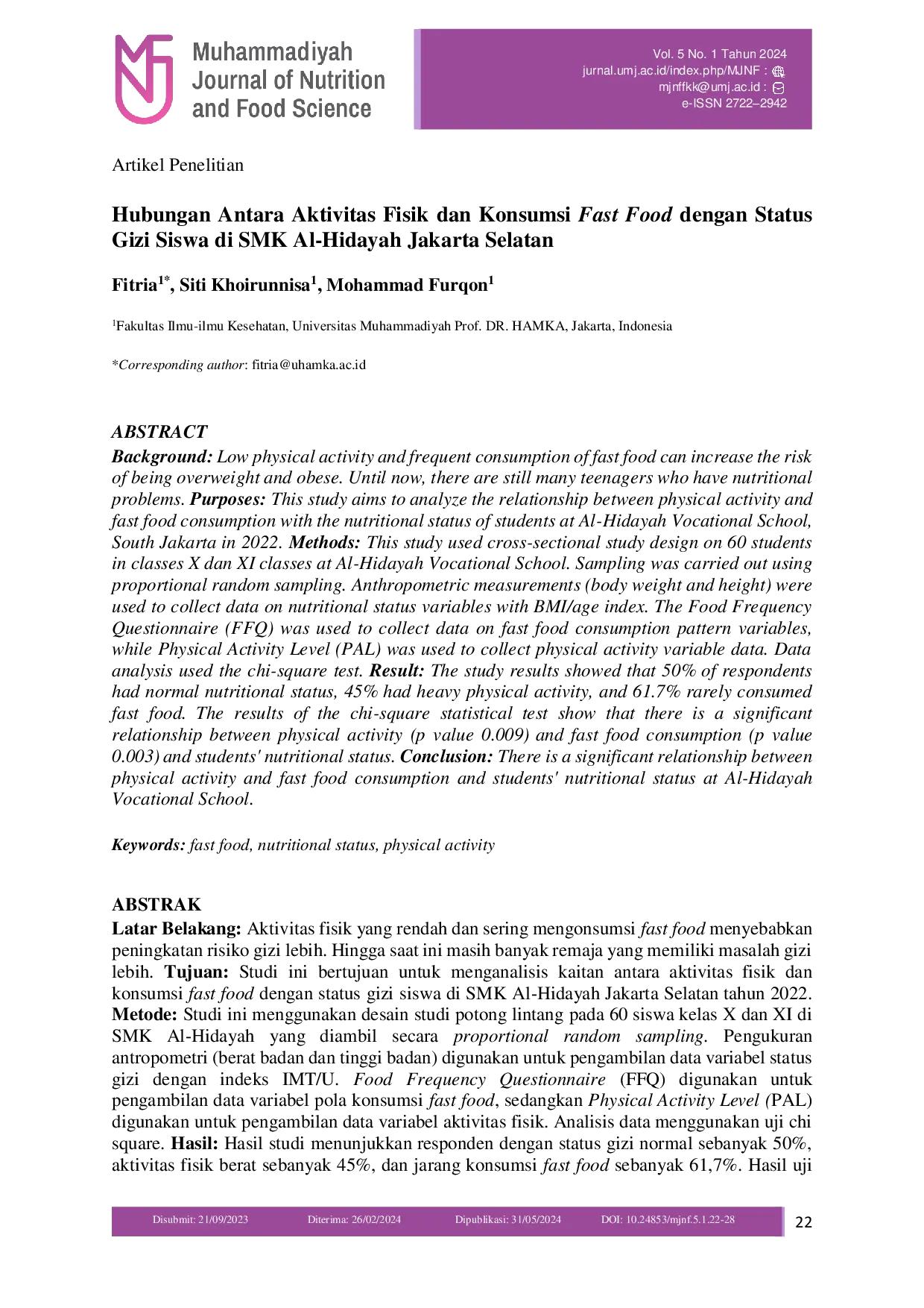 JURIS Hubungan Antara Aktivitas Fisik dan Konsumsi Fast Food dengan Status Gizi Siswa di SMK Al Hidayah Jakarta Selatan