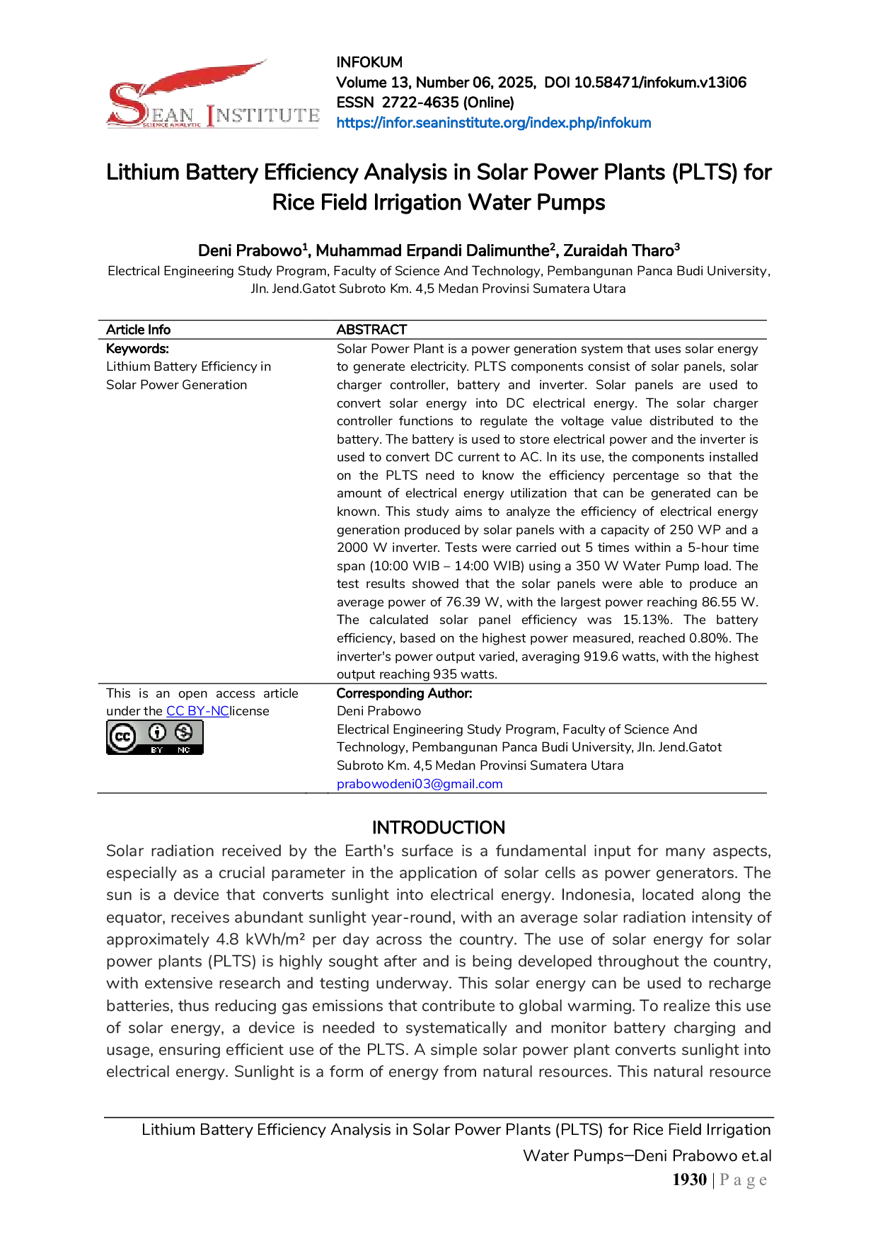 JURIS Lithium Battery Efficiency Analysis in Solar Power Plants PLTS for Rice Field Irrigation Water Pumps