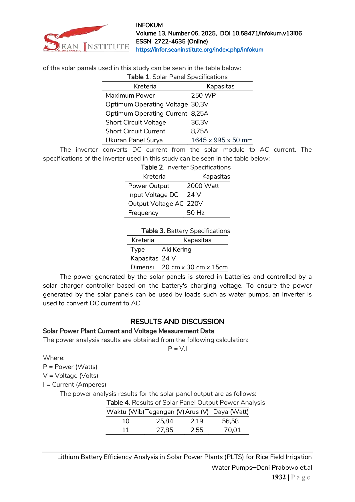 JURIS Lithium Battery Efficiency Analysis in Solar Power Plants PLTS for Rice Field Irrigation Water Pumps
