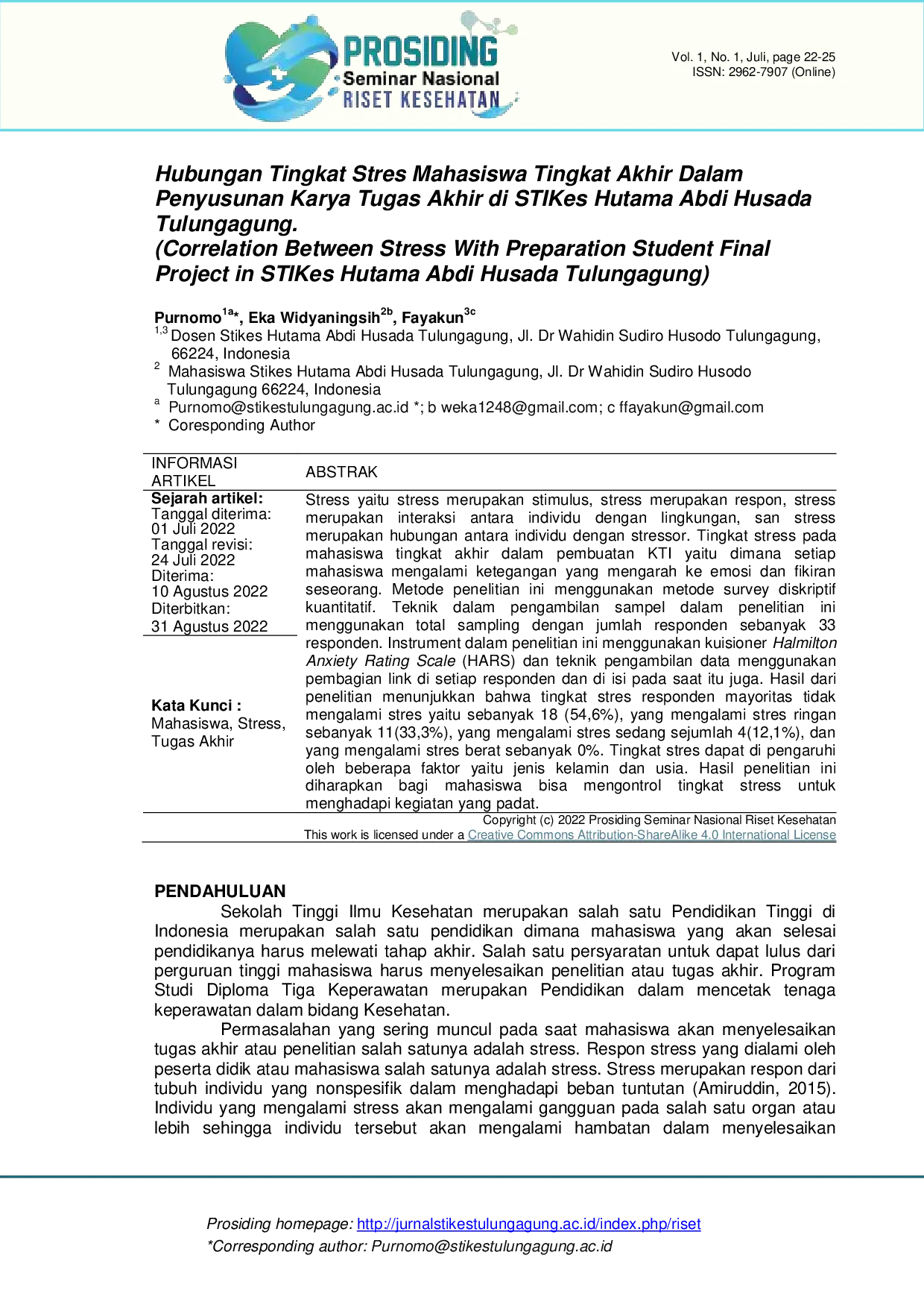 JURIS Hubungan Tingkat Stres Mahasiswa Tingkat Akhir Dalam Penyusunan Karya Tugas Akhir Di STIKes Hutama Abdi Husada Tulungagung