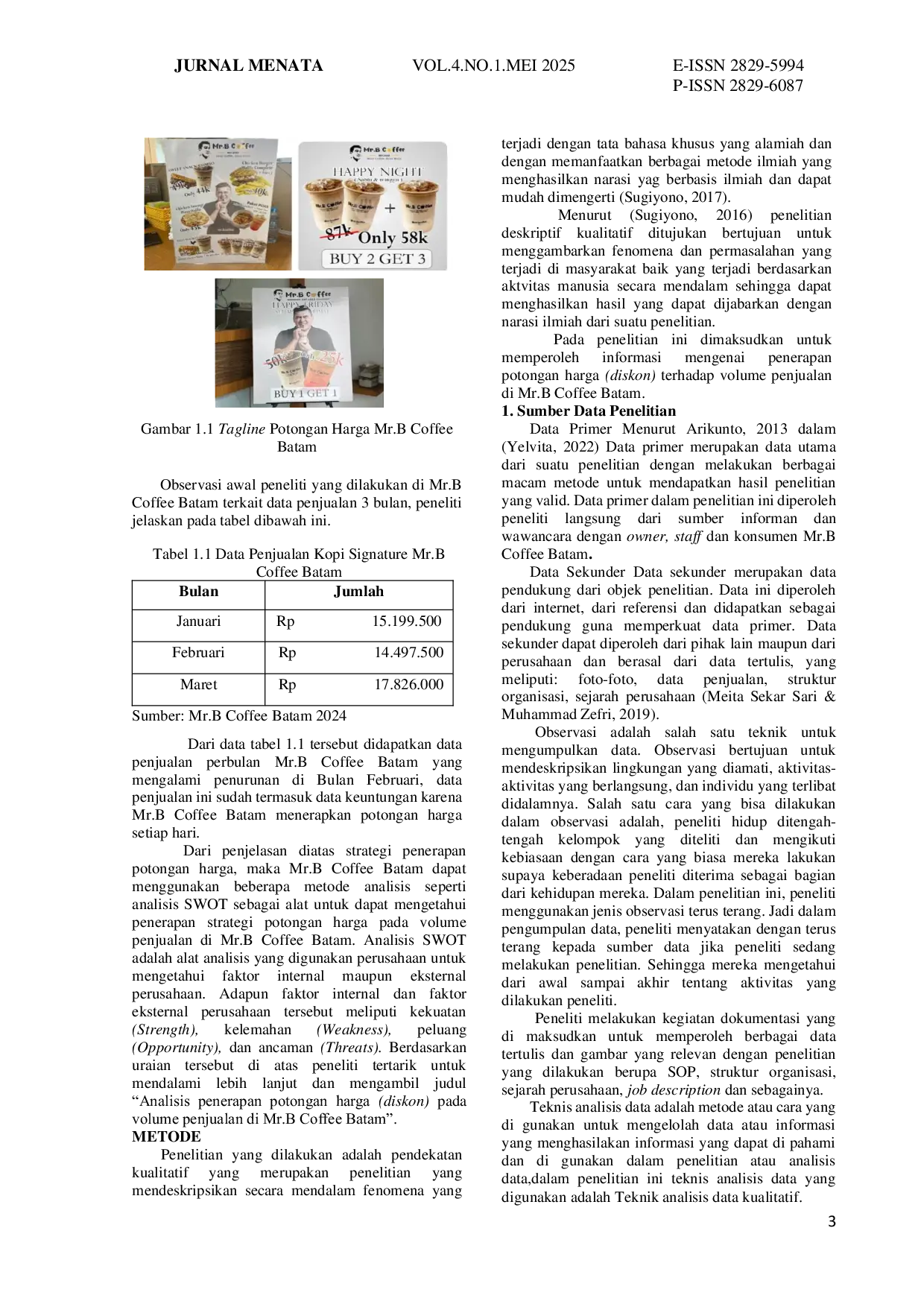 JURIS Analisis Penerapan Potongan Harga Diskon Terhadap Volume Penjualan di Mr B Coffee Batam
