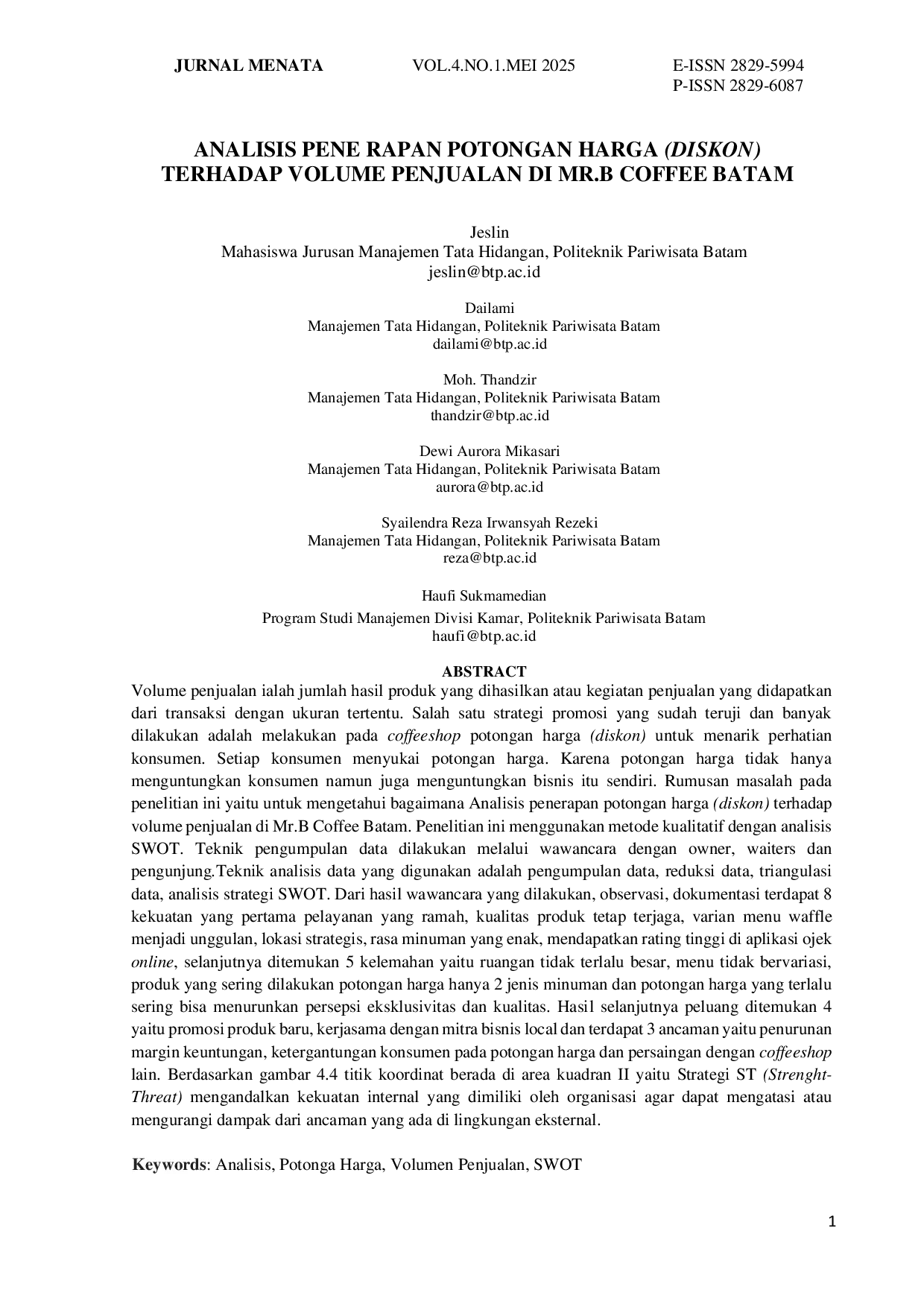JURIS Analisis Penerapan Potongan Harga Diskon Terhadap Volume Penjualan di Mr B Coffee Batam