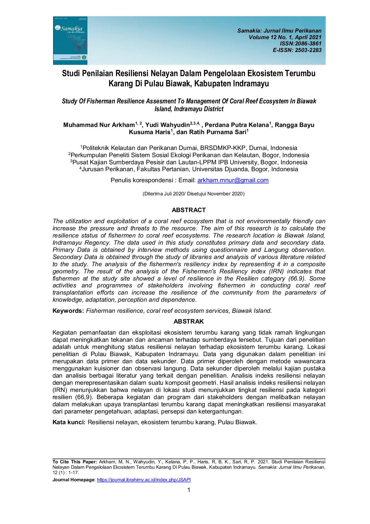 JURIS Studi Penilaian Resiliensi Nelayan Dalam Pengelolaan Ekosistem Terumbu Karang Di Pulau Biawak Kabupaten Indramayu