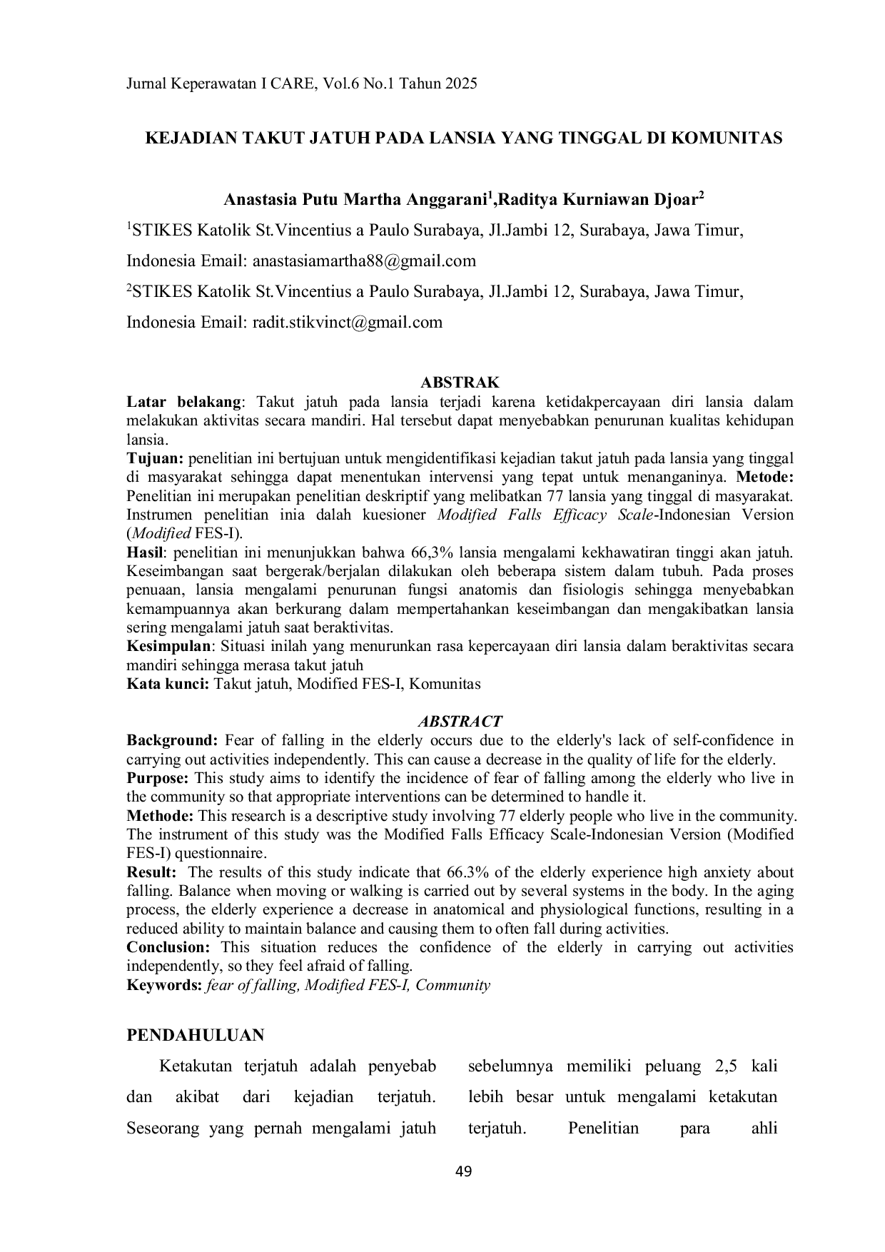 JURIS Kejadian Takut Jatuh Pada Lansia yang Tinggal di Komunitas