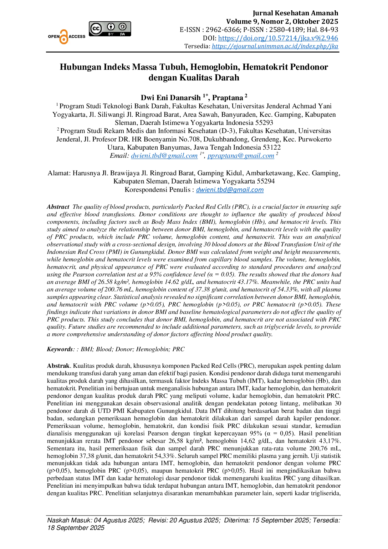 JURIS Hubungan Indeks Massa Tubuh Hemoglobin Hematokrit Pendonor dengan Kualitas Darah