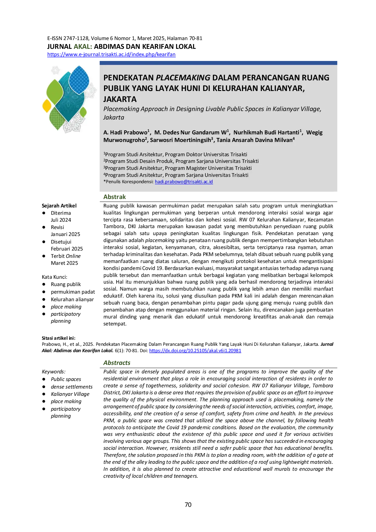 JURIS Pendekatan Placemaking Dalam Perancangan Ruang Publik Yang Layak Huni Di Kelurahan Kalianyar Jakarta