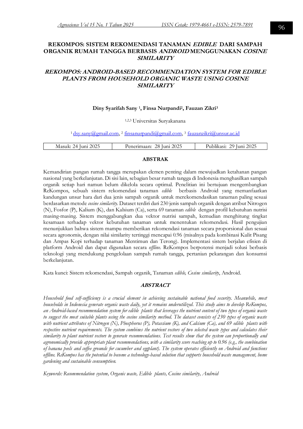 JURIS REKOMPOS SISTEM REKOMENDASI TANAMAN EDIBLE DARI SAMPAH ORGANIK RUMAH TANGGA BERBASIS ANDROID MENGGUNAKAN COSINE SIMILARITY
