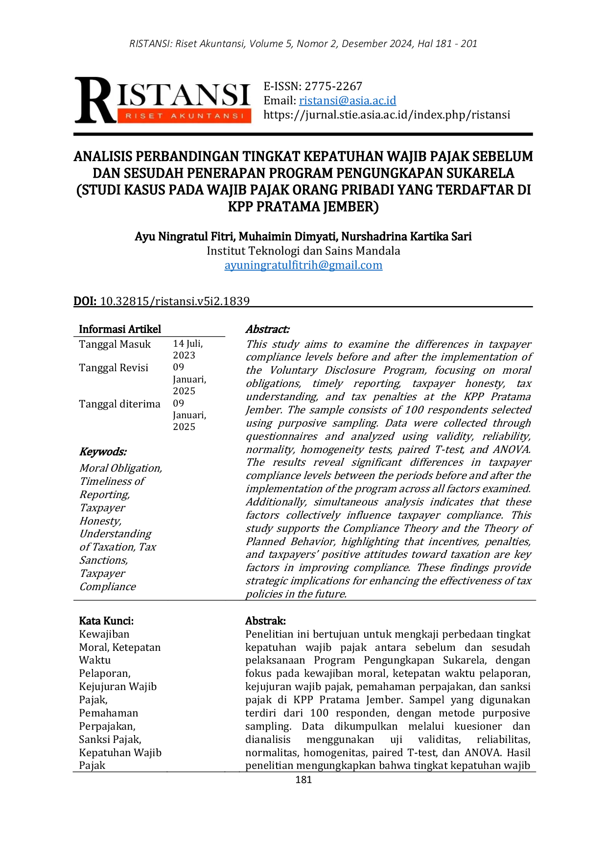 JURIS Analisis Perbandingan Tingkat Kepatuhan Wajib Pajak Sebelum Dan Sesudah Penerapan Program Pengungkapan Sukarela Studi Kasus Pada Wajib Pajak Orang Pribadi Yang Terdaftar Di KPP Pratama Jember
