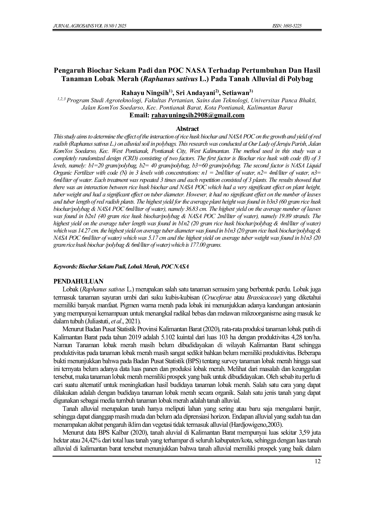 JURIS Pengaruh Biochar Sekam Padi dan POC NASA Terhadap Pertumbuhan Dan Hasil Tanaman Lobak Merah Raphanus sativus L Pada Tanah Alluvial di Polybag
