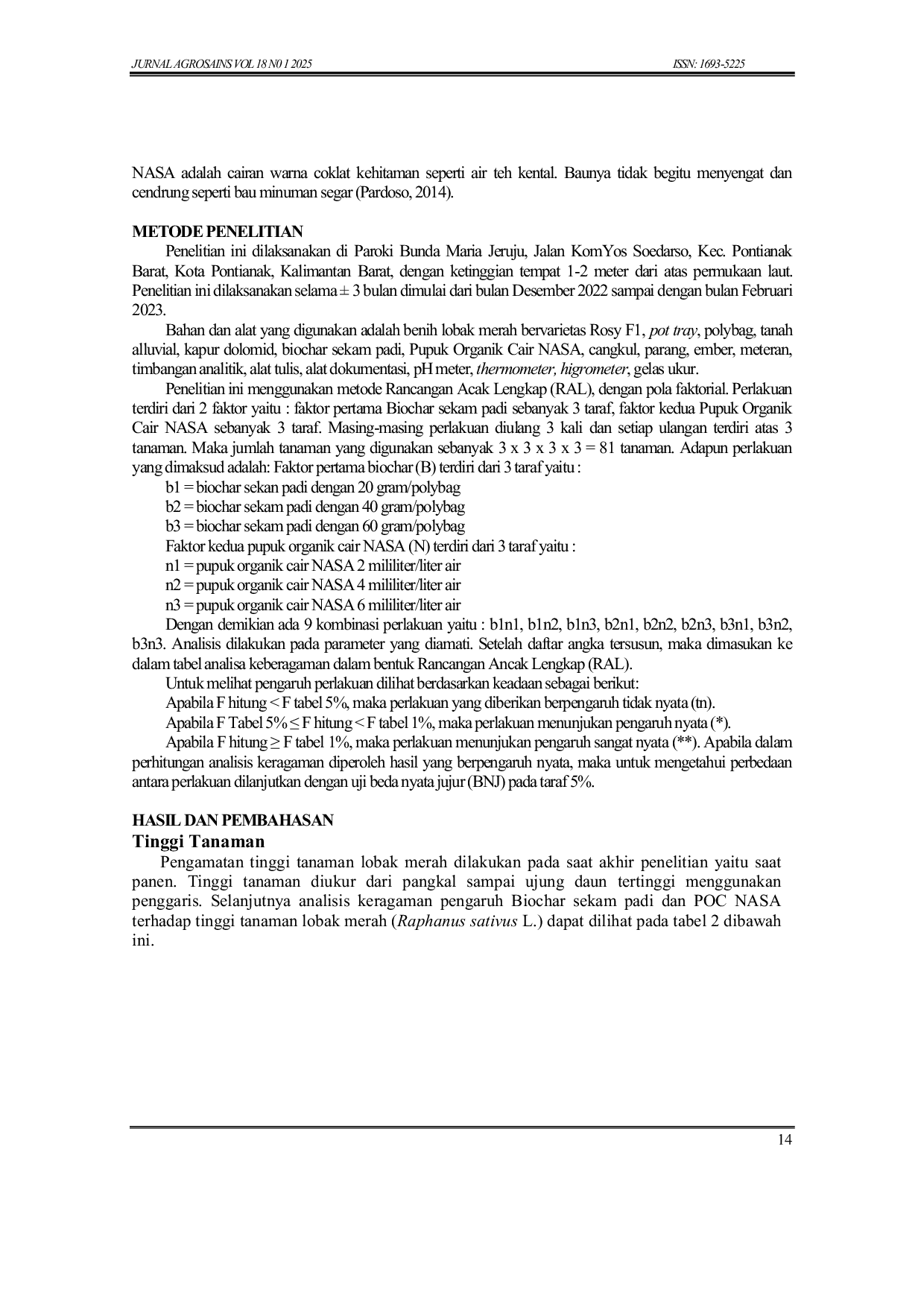 JURIS Pengaruh Biochar Sekam Padi dan POC NASA Terhadap Pertumbuhan Dan Hasil Tanaman Lobak Merah Raphanus sativus L Pada Tanah Alluvial di Polybag