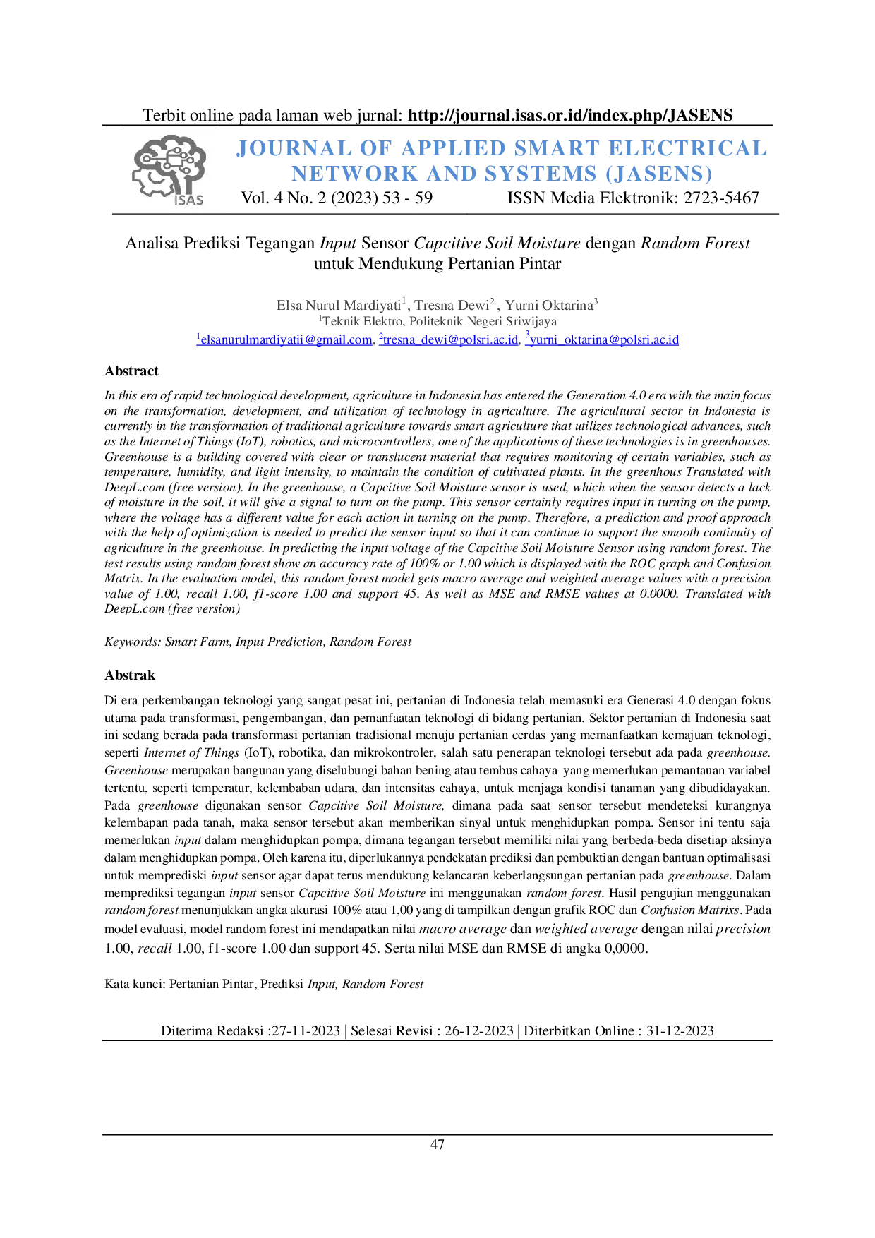 JURIS Analisa Prediksi Tegangan Input Sensor Capacitive Soil Moisture dengan Random Forest untuk Mendukung Pertanian Pintar
