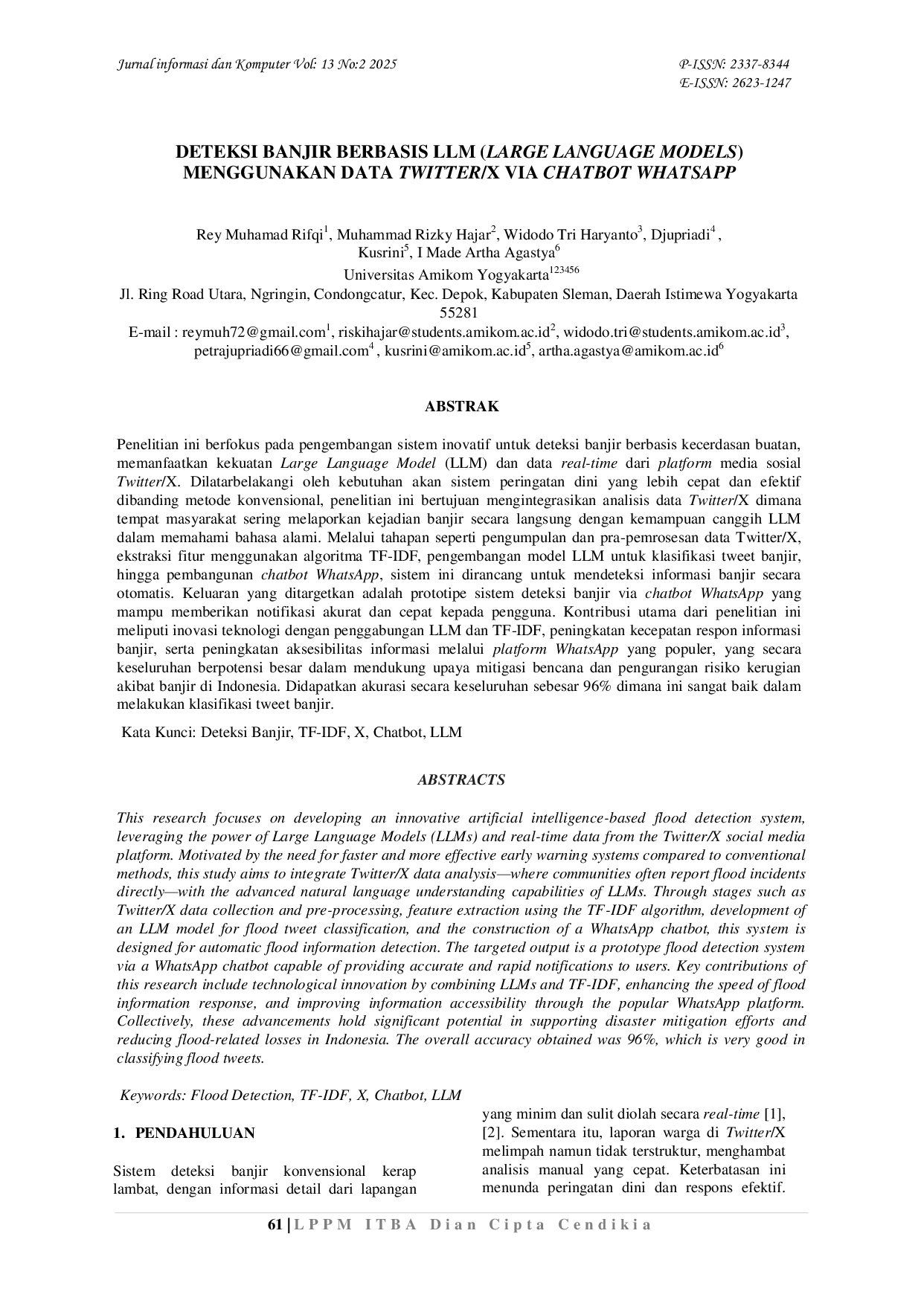 JURIS Deteksi Banjir Berbasis LLM Large Language Models Menggunakan Data Twitter X Via Chatbot WhatsApp