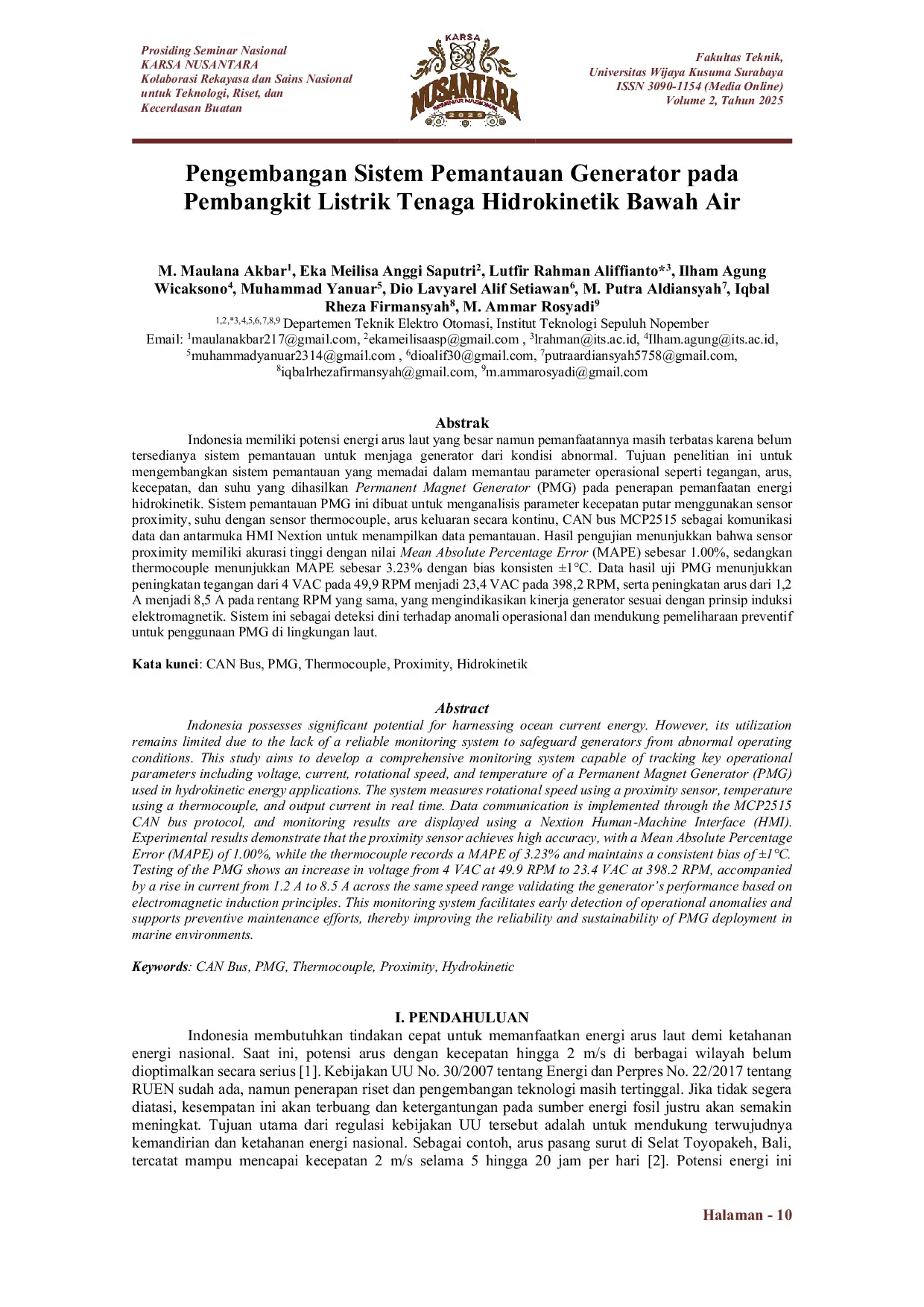 JURIS Pengembangan Sistem Pemantauan Generator pada Pembangkit Listrik Tenaga Hidrokinetik Bawah Air