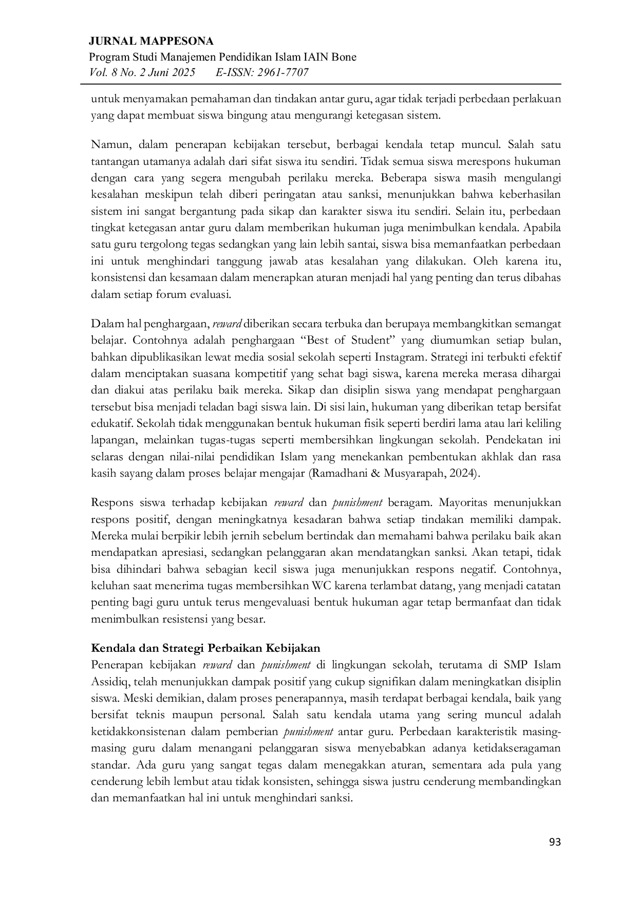 JURIS Analisis Kebijakan Reward dan Punishment terhadap Peningkatan Kedisiplinan Siswa di SMP Islam Asshiddiq Bone