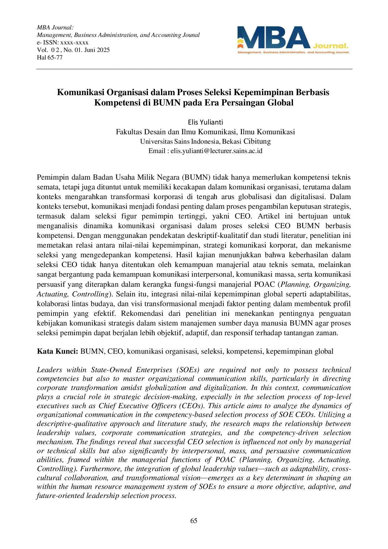 juris Komunikasi Organisasi dalam Proses Seleksi Kepemimpinan Berbasis Kompetensi di BUMN pada Era Persaingan Global