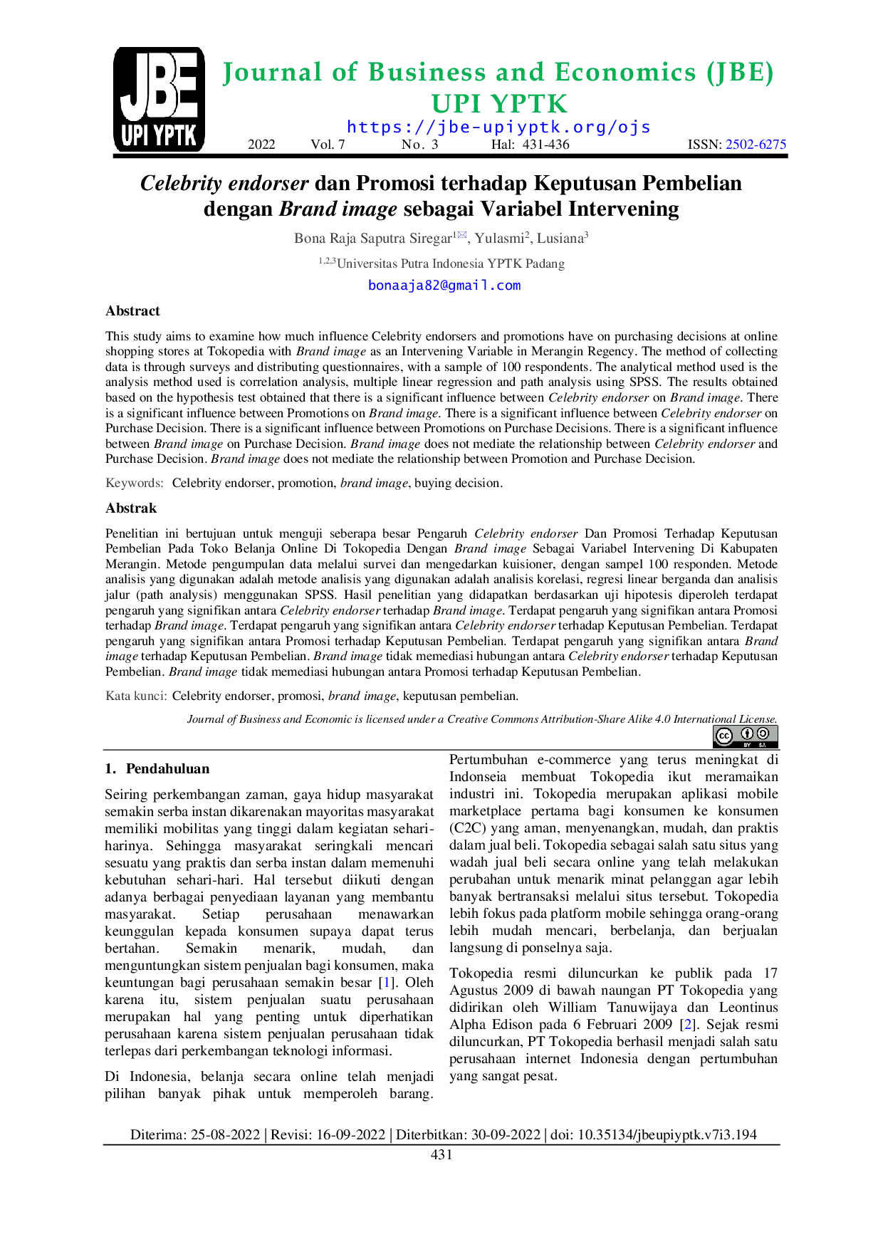 JURIS Celebrity endorser dan Promosi terhadap Keputusan Pembelian dengan Brand image sebagai Variabel Intervening
