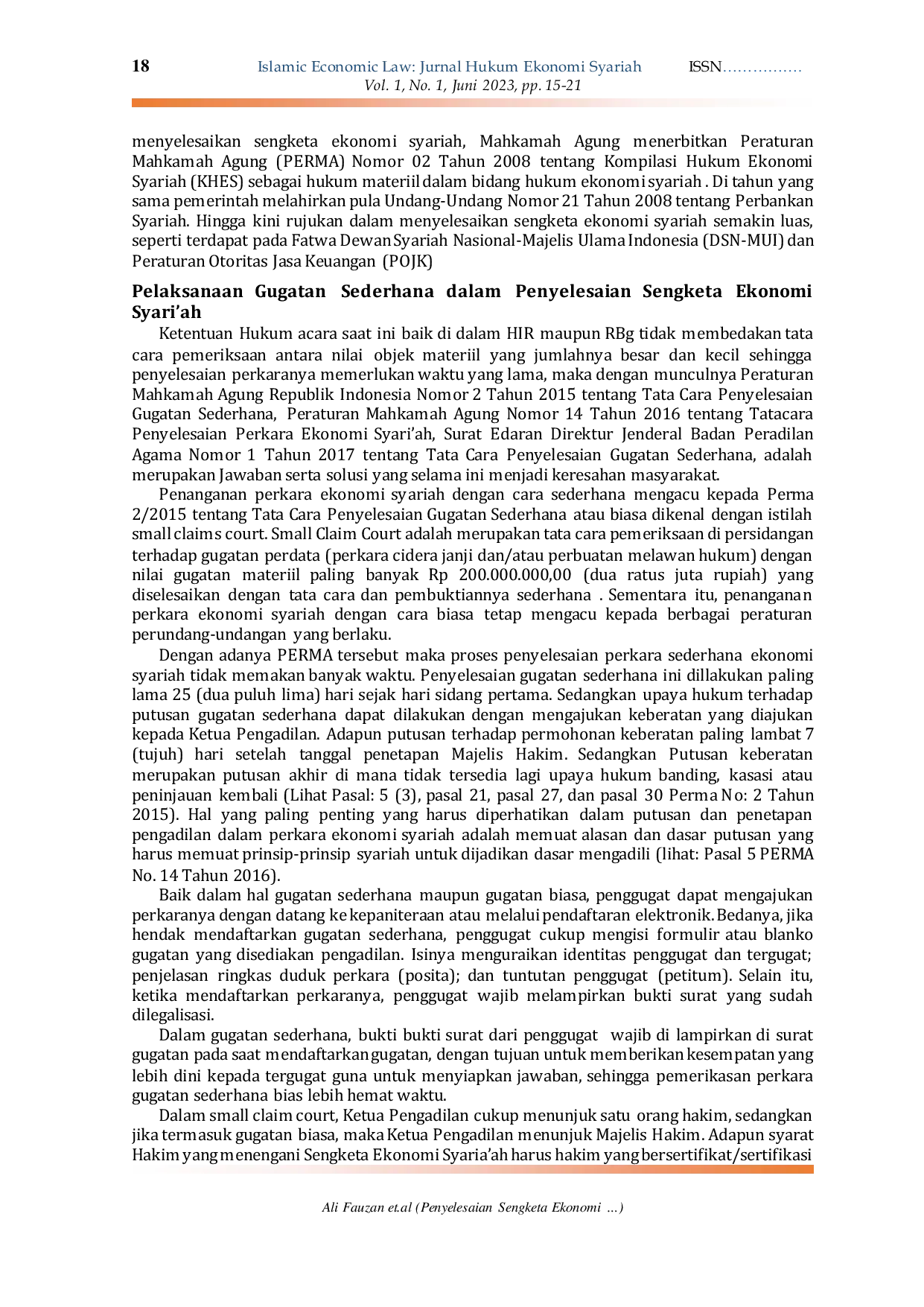 JURIS Penyelesaian Sengketa Ekonomi Syari ah dalam Gugatan Sederhana