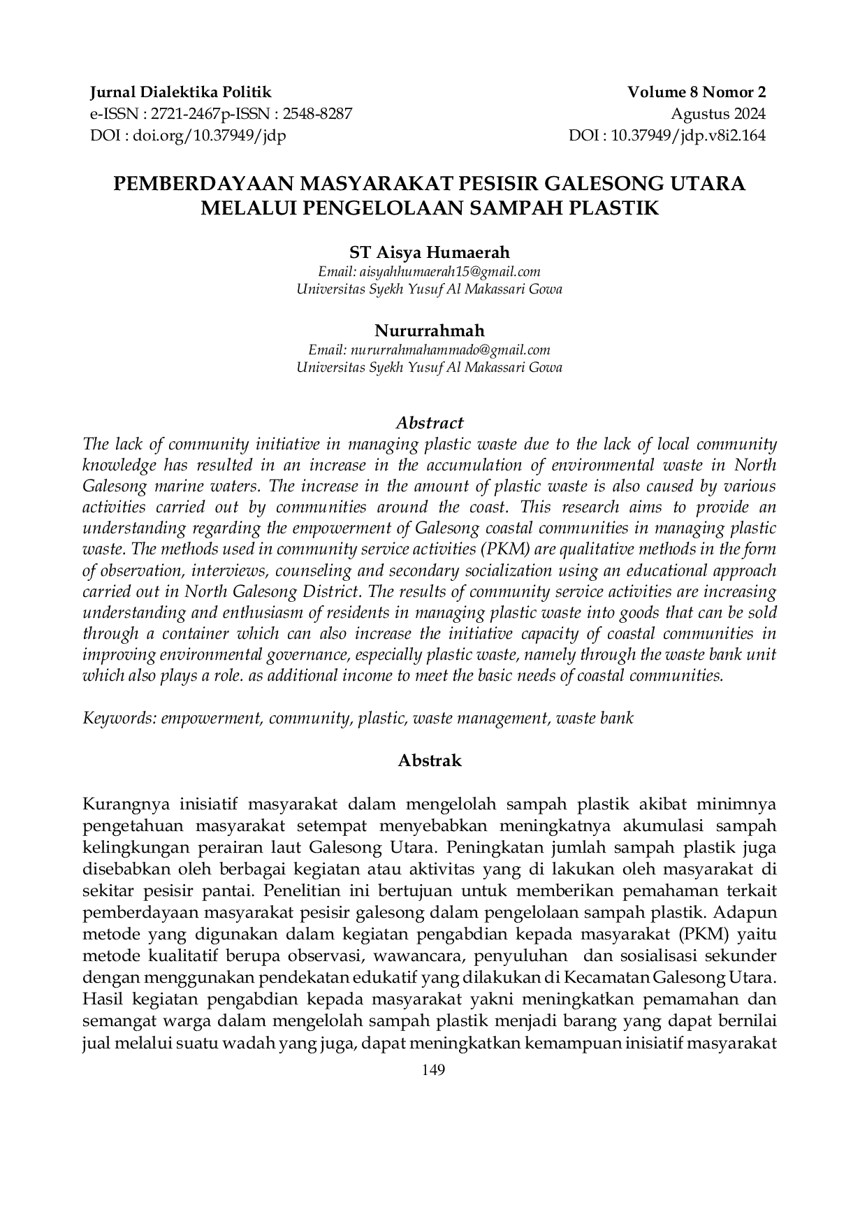 JURIS PEMBERDAYAAN MASYARAKAT PESISIR GALESONG UTARA MELALUI PENGELOLAAN SAMPAH PLASTIK Pemberdayaan Masyarakat Pesisir Galesong Utara melalui Pengelolaan Sampah Plasti