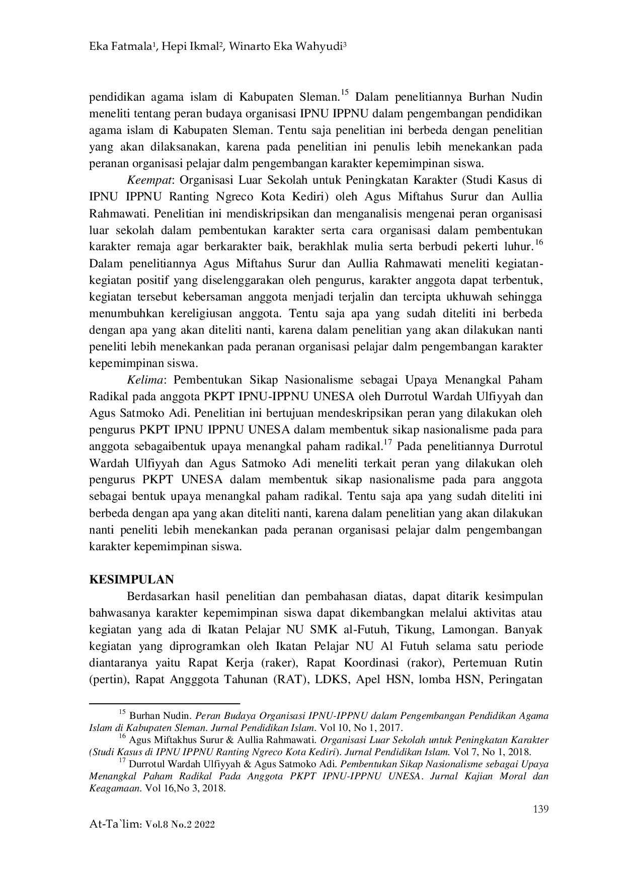 JURIS Urgensi Organisasi Pelajar Dalam Pengembangan Karakter Kepemimpinan Perspektif Teori Gibson Di Smk Al Futuh Tikung Lamongan