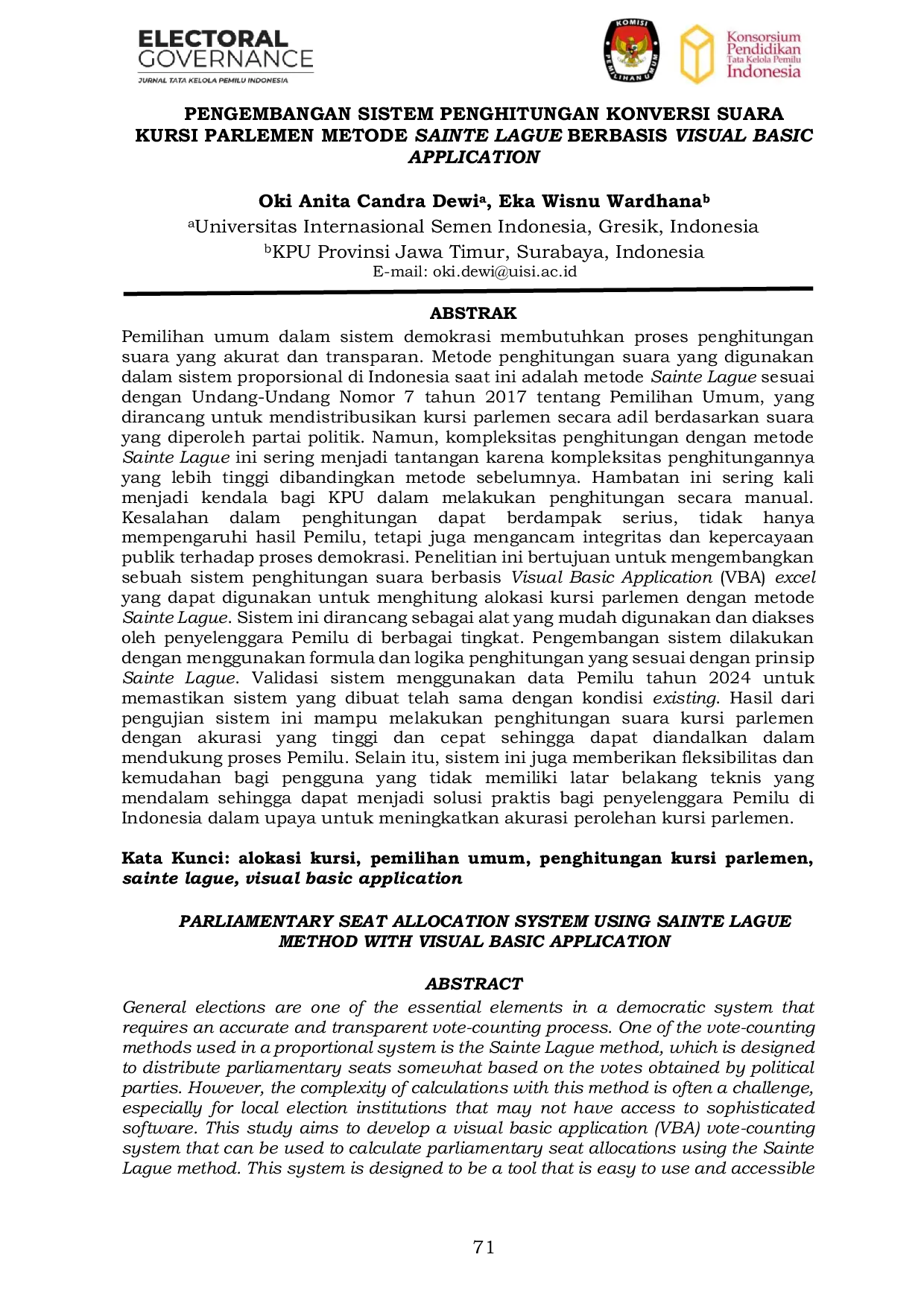 JURIS Pengembangan Sistem Penghitungan Konversi Suara Kursi Parlemen Metode Sainte Lague Berbasis Visual Basic Application