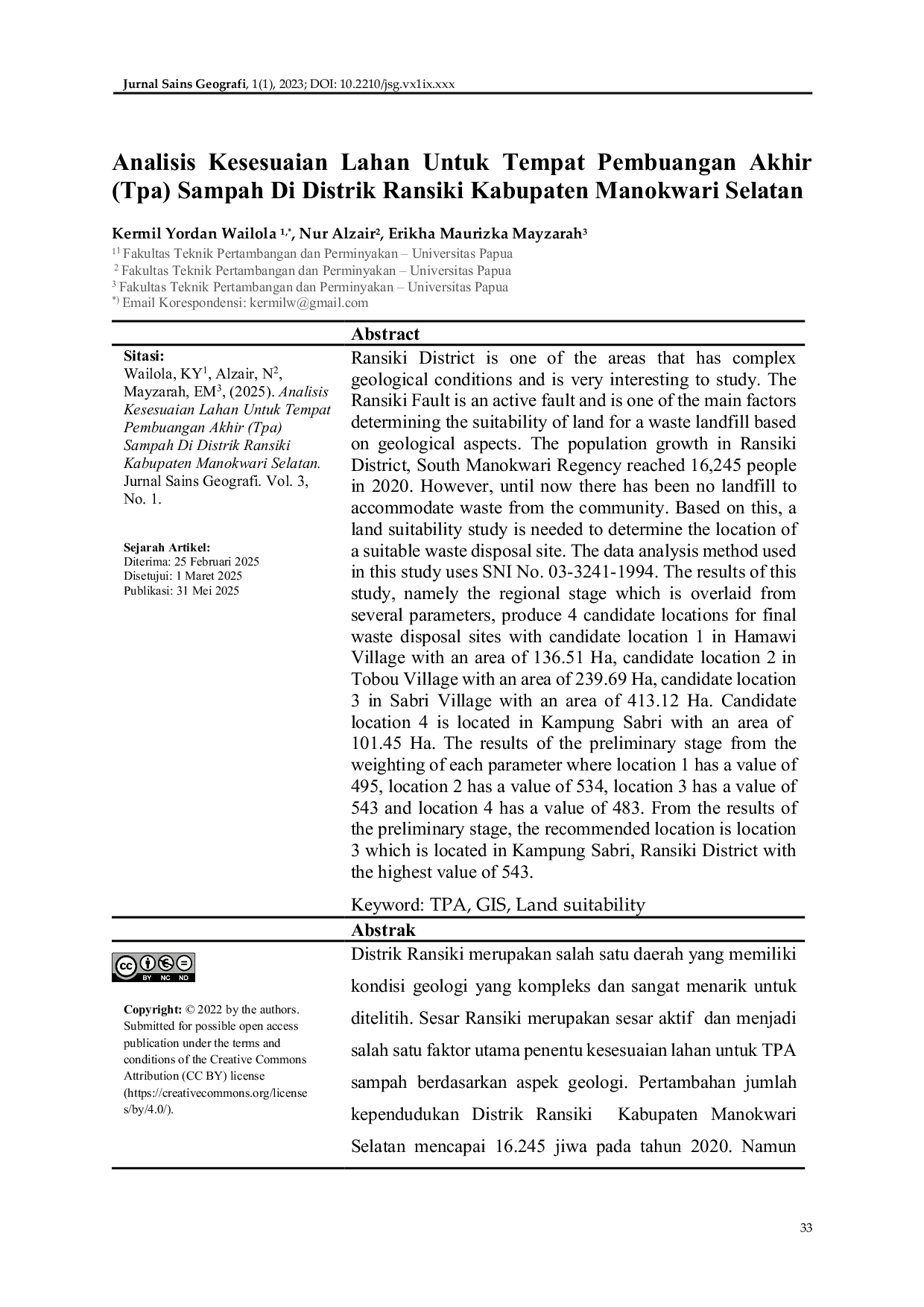 JURIS Analisis Kesesuaian Lahan Untuk Tempat Pembuangan Akhir Tpa Sampah Di Distri Ransiki Kabupaten Manokwari Selatan