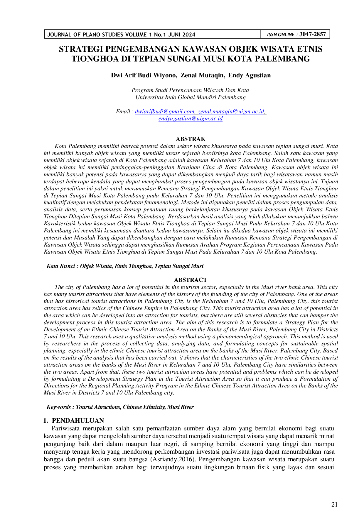 JURIS Strategi Pengembangan Kawasan Objek Wisata Etnis Tionghoa di Tepian Sungai Musi Kota Palembang