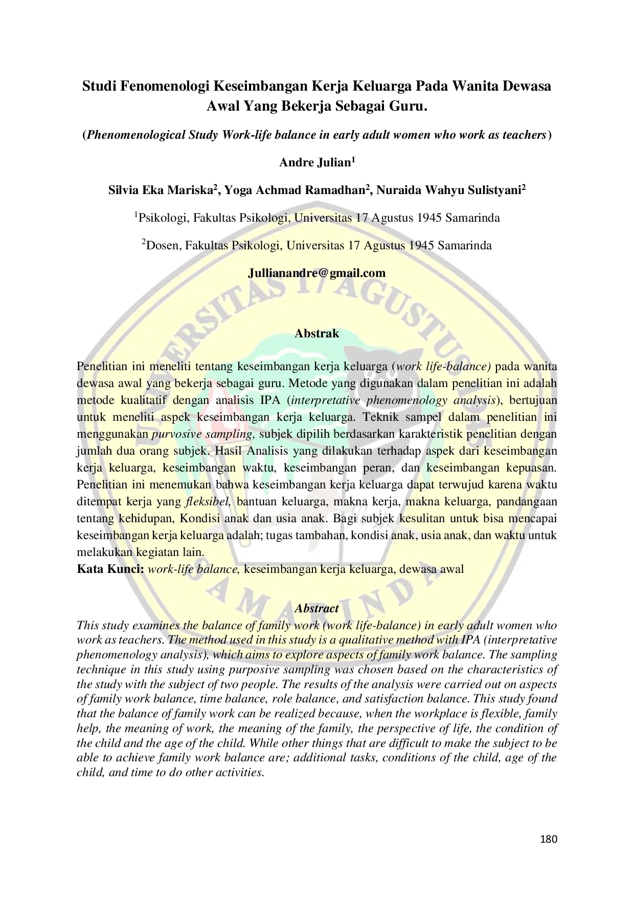 JURIS Studi Fenomenologi Keseimbangan Kerja Keluarga Pada Wanita Dewasa Awal Yang Bekerja Sebagai Guru