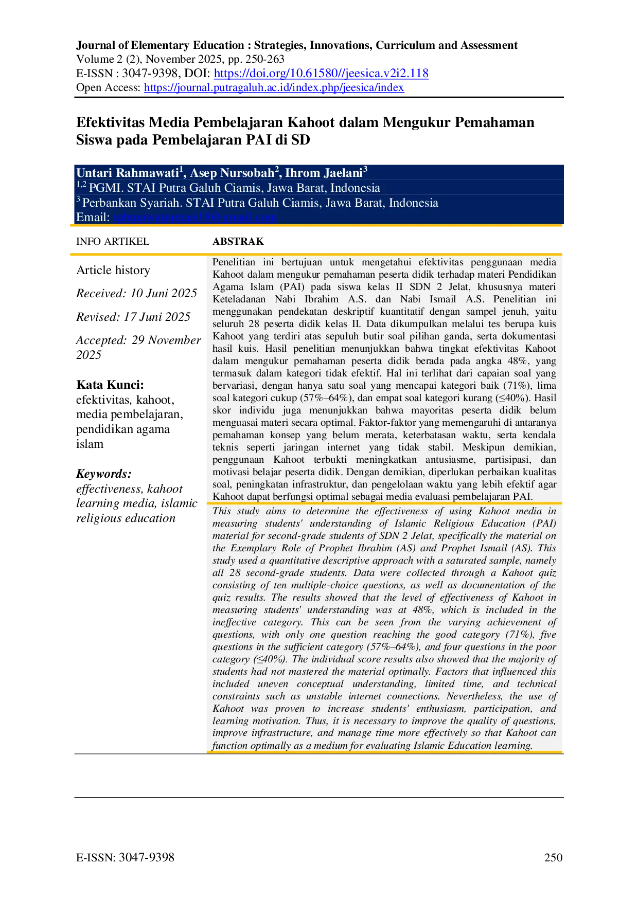 JURIS Efektivitas Media Pembelajaran Kahoot dalam Mengukur Pemahaman Siswa Pada pembelajaran PAI di SD